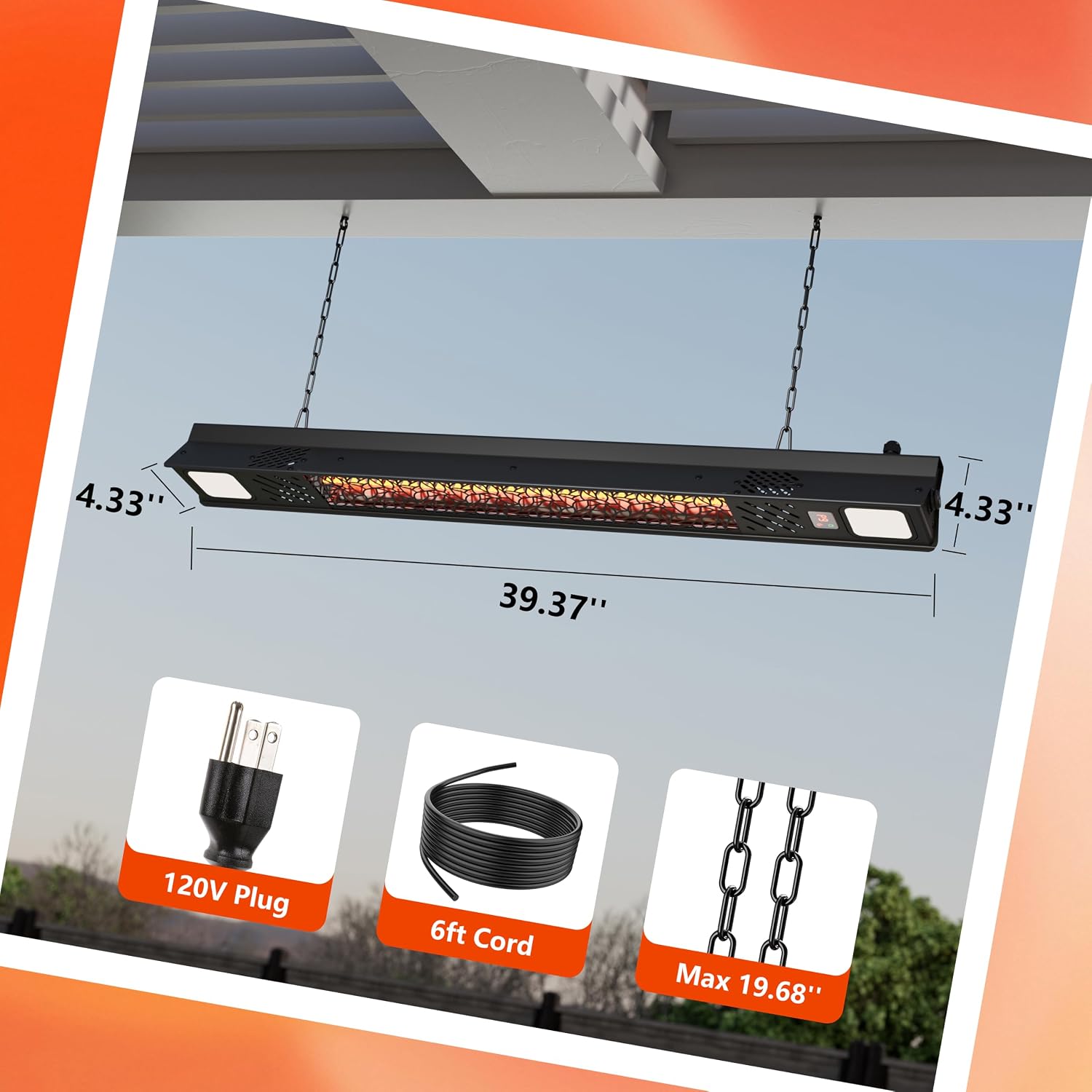 Detalle 2 de Sundate P06-GLW15B Hanging Infrared Patio Heater, 1500W with Wi-Fi and Light