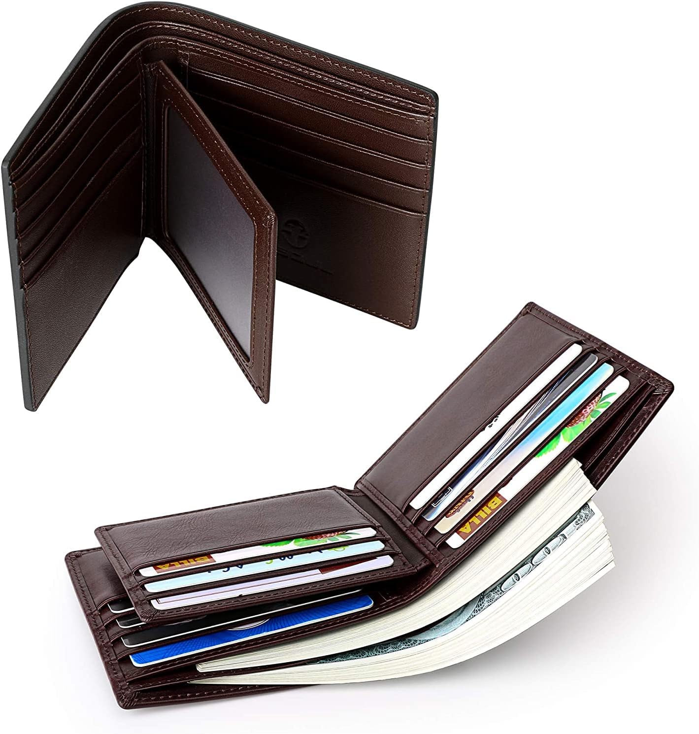 Detalle de VISOUL Leder Geldbörse Herren mit ID Fenster & RFID-Schutz – Echtleder Portemonnaie, 12 Fächer, 9x11x1,5 cm