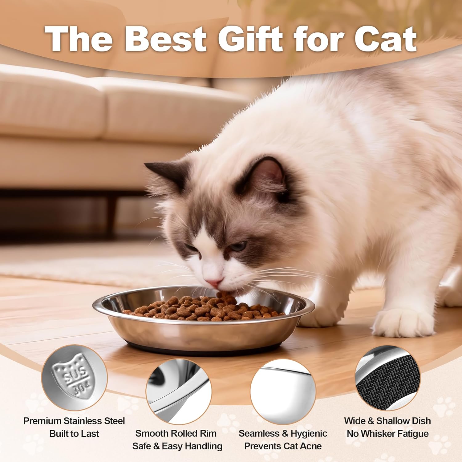 Detalle de TranRantic 2 Pcs Stainless Steel Cat Bowls – Non-Slip, Whisker-Friendly 18 cm Wide