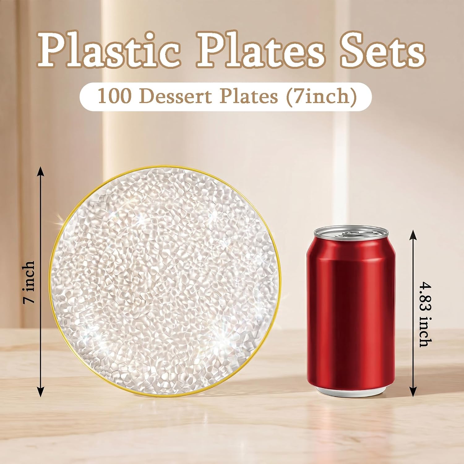 Detalle de Rubtlamp 100 Pcs Clear Gold Plastic 7 Inch Plates – Hammered Edge Disposable Dessert Plates