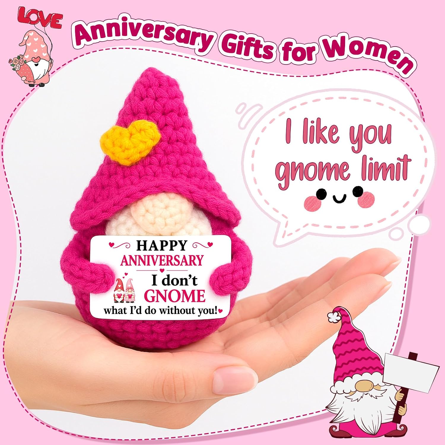 Thumbnail 1 de XgiftCreat HM012-doll Anniversary Crochet Gnome, Pink Knitted Keepsake