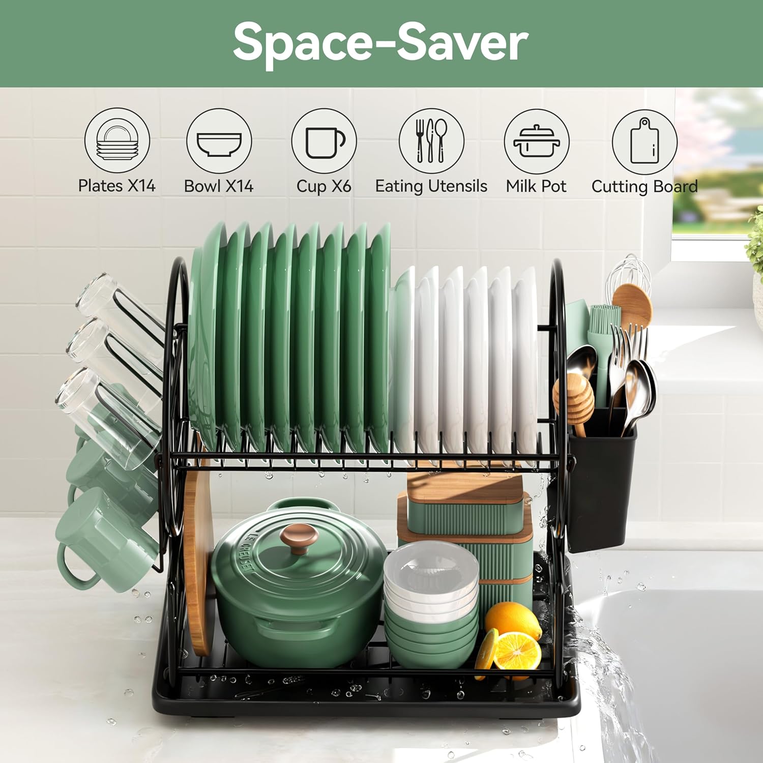 Detalle de niffgaff 2‑Tier Black Dish Drying Rack for Kitchen Countertop – Stainless Steel Drainer with Drip Tray, Utensil Holder & Cup Holder for Small Spaces