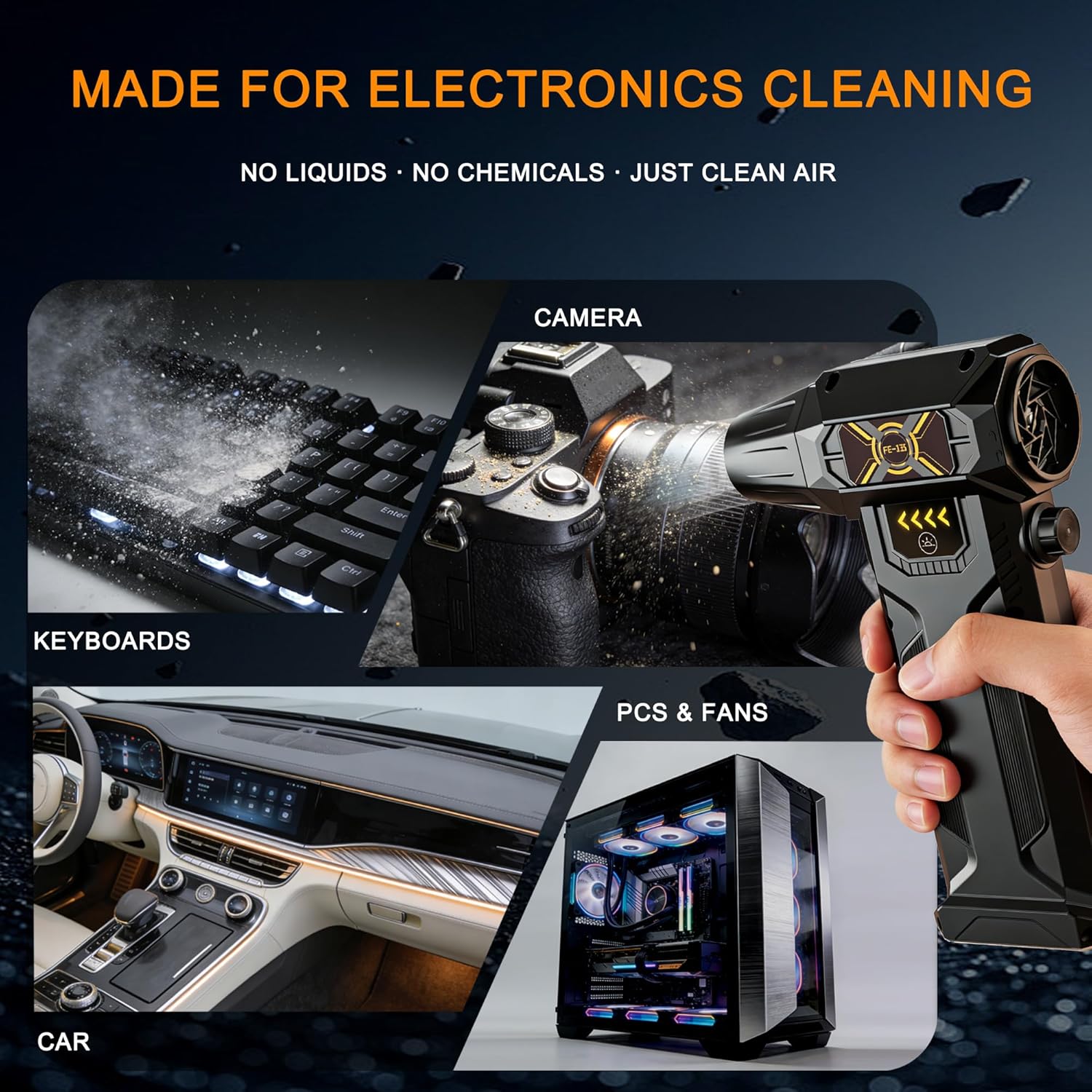 Detalle de FE-J35 Compressed Air Duster: Powerful Turbo Air Flow, 130000 RPM, LED Light, 8000mAh Battery