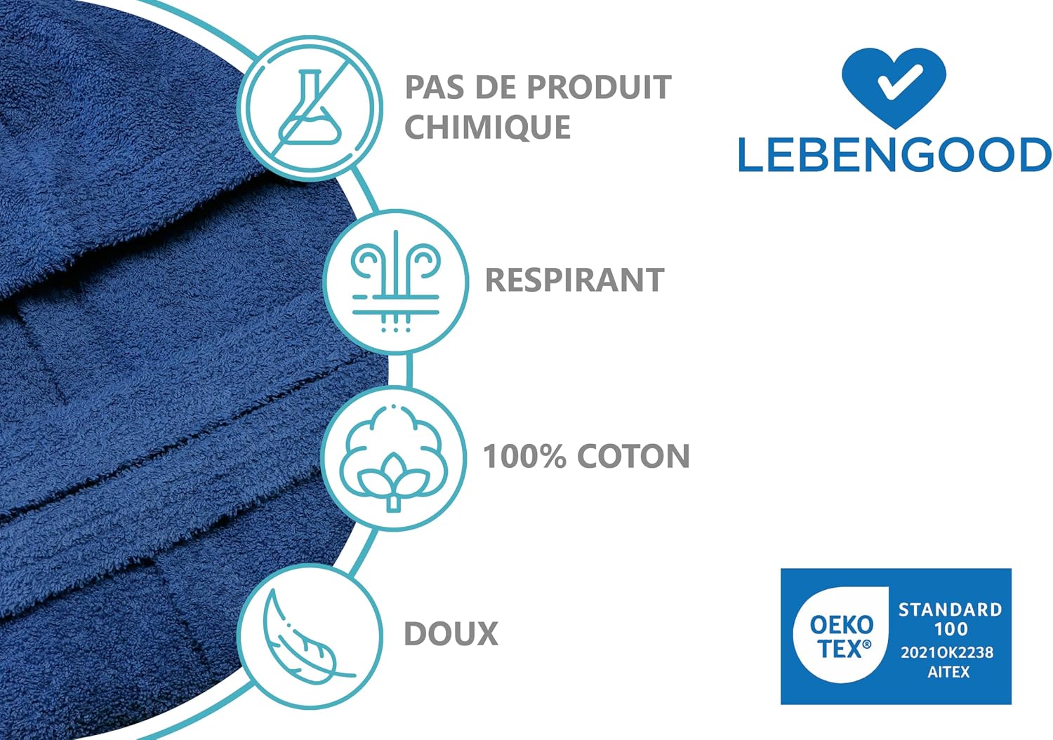 Detalle 2 de LEBENGOOD Peignoir 400 g/m² coton éponge