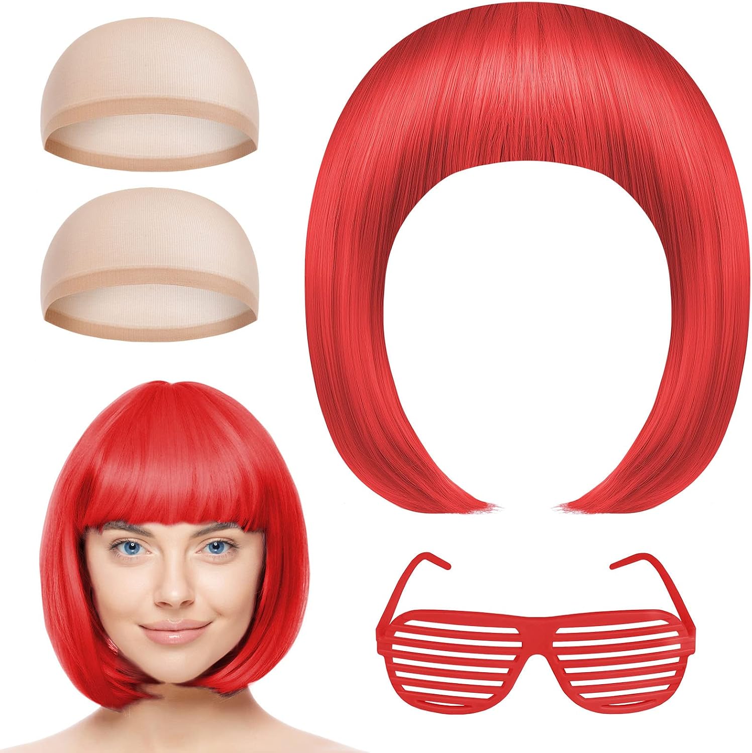 AOMIG Partyrama bobpruik van 28 cm, rood, met pony, bril en pruikkappen