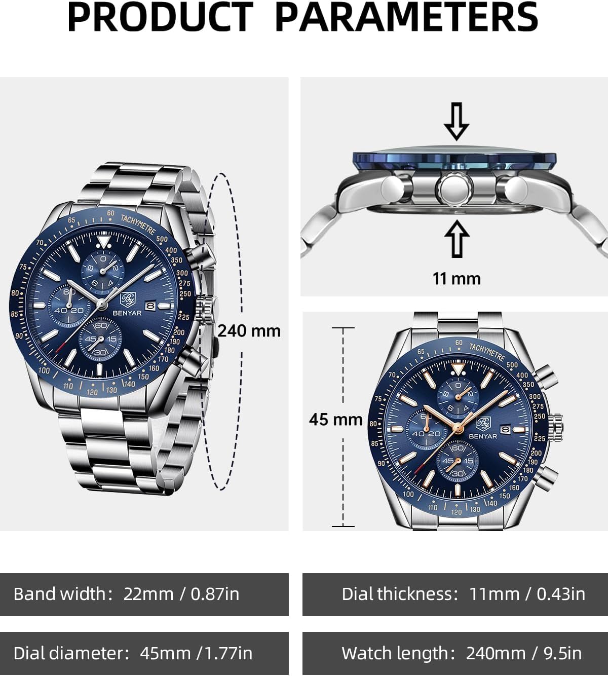 Detalle 2 de BENYAR Herrenuhr Analog Quartz Chronograph – 45 mm, Lederband, 30M Wasserdicht