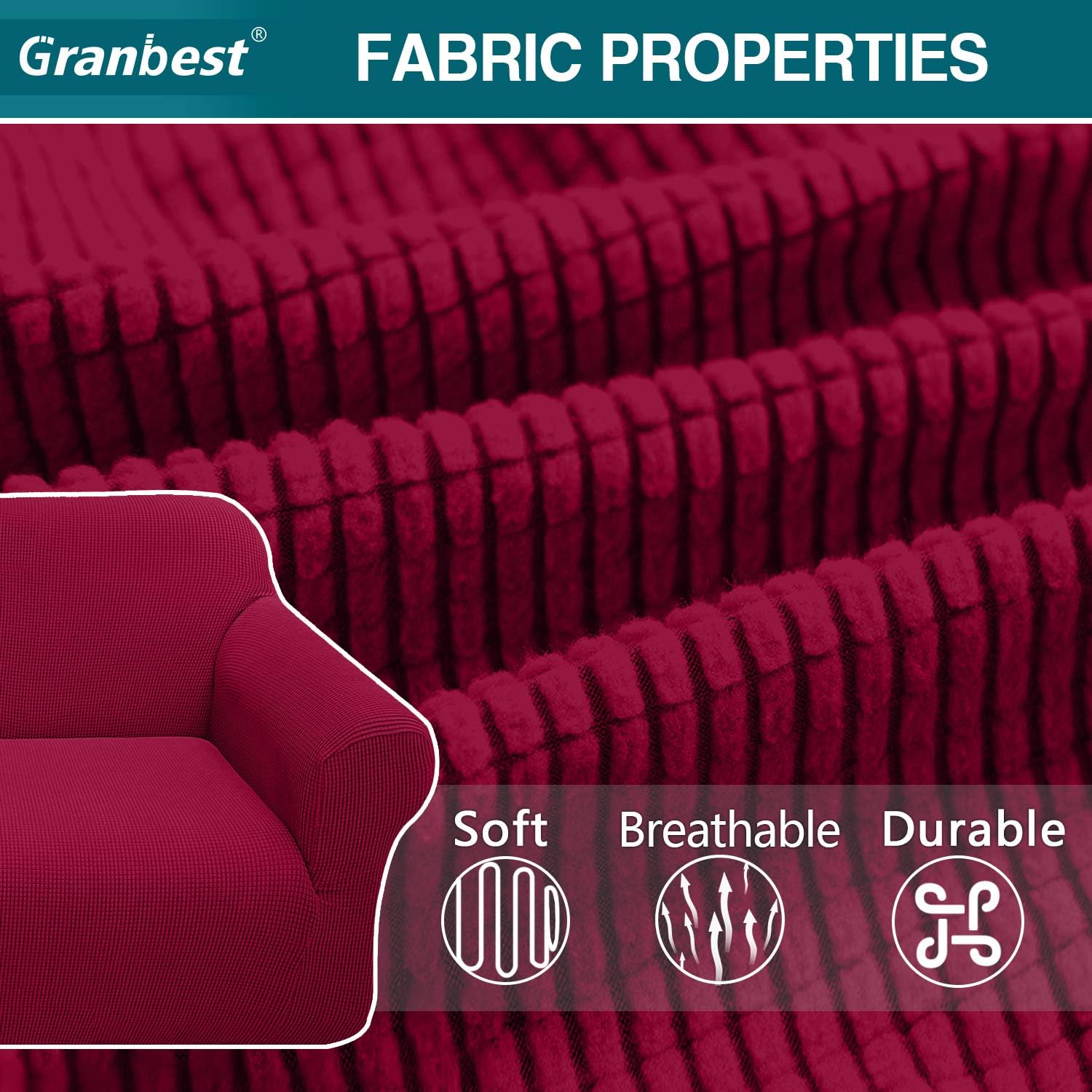Thumbnail 3 de Granbest High Stretch 2 Seater Sofa Cover – Wine Red, Non-Slip Jacquard Fabric