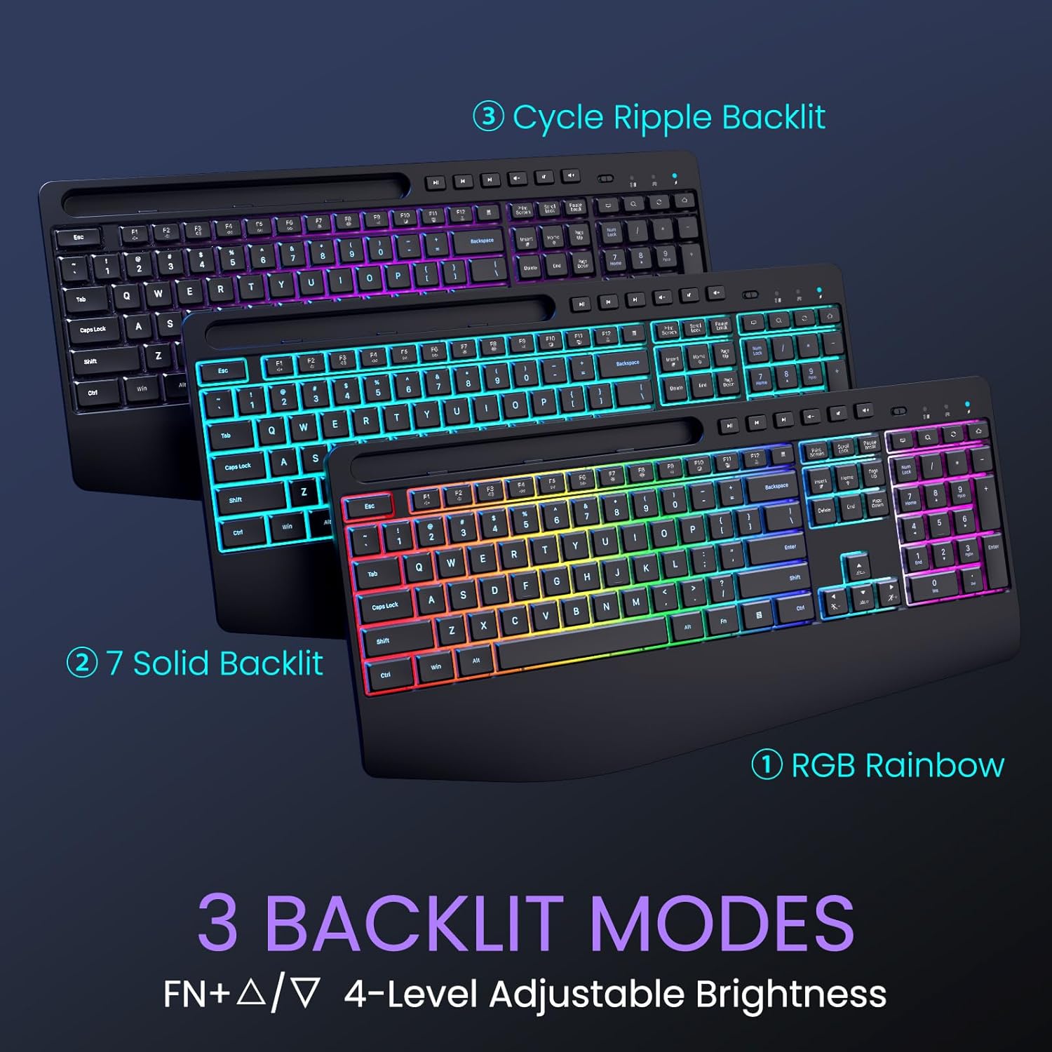 Detalle 2 de VEILZOR 2.4G Wireless Keyboard and Mouse Combo with Phone Holder, Rechargeable + RGB Wrist Rest