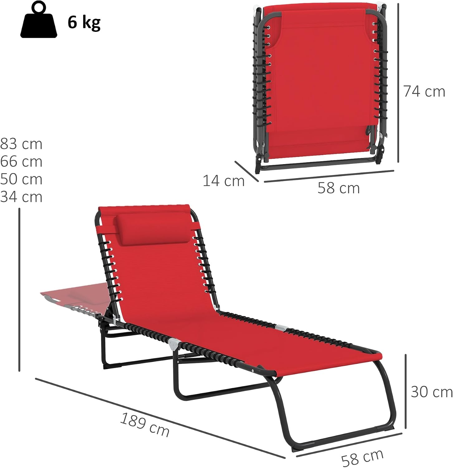 Thumbnail 2 de Outsunny Bain de soleil transat pliable à dossier multi-positions (noir/textilène rouge)