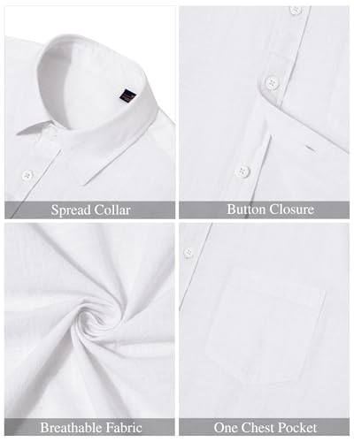 Detalle de J.VER White Linen Shirt for Men – Short Sleeve, Regular Fit, Lightweight Cotton-Linen Blend