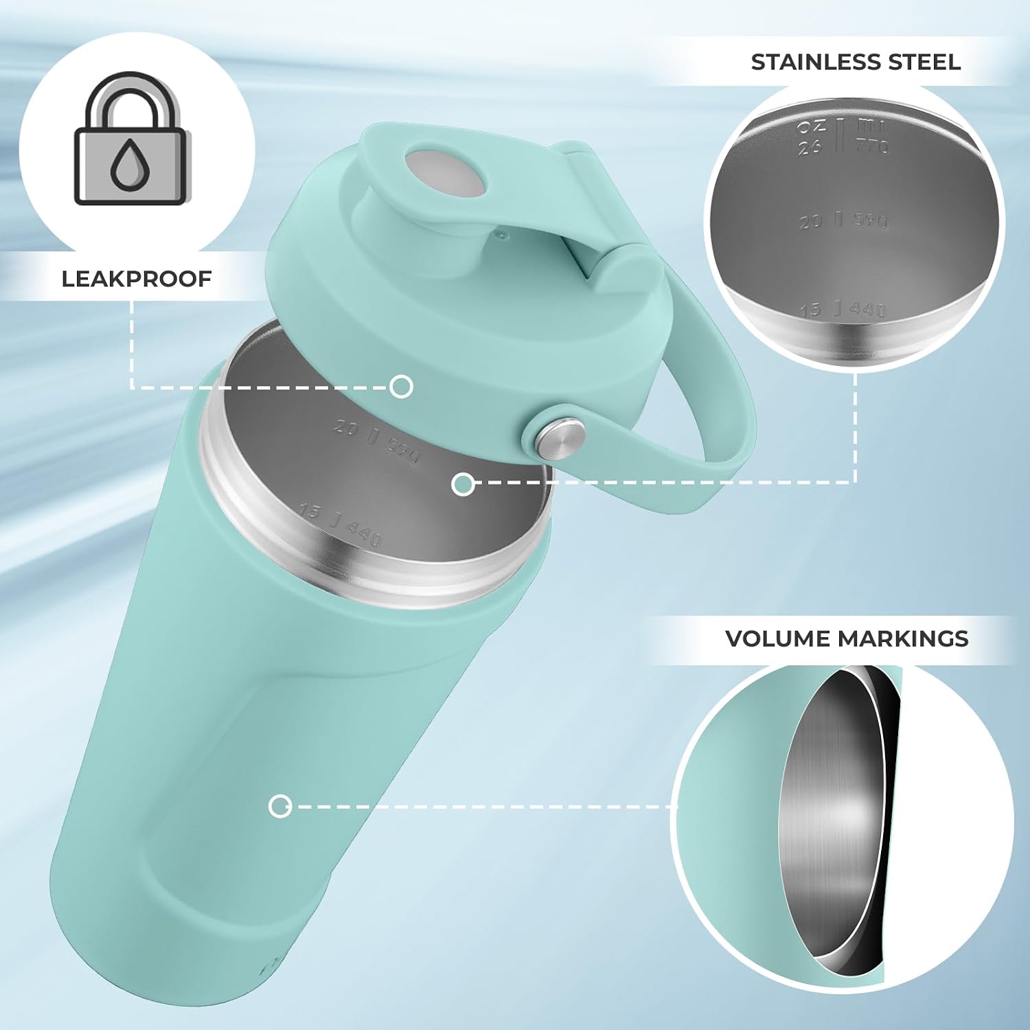 Detalle de Autsel Protein Shaker 750ml Stainless Steel with MixBall – Leak‑Proof, Insulated and BPA Free (Blue Green)