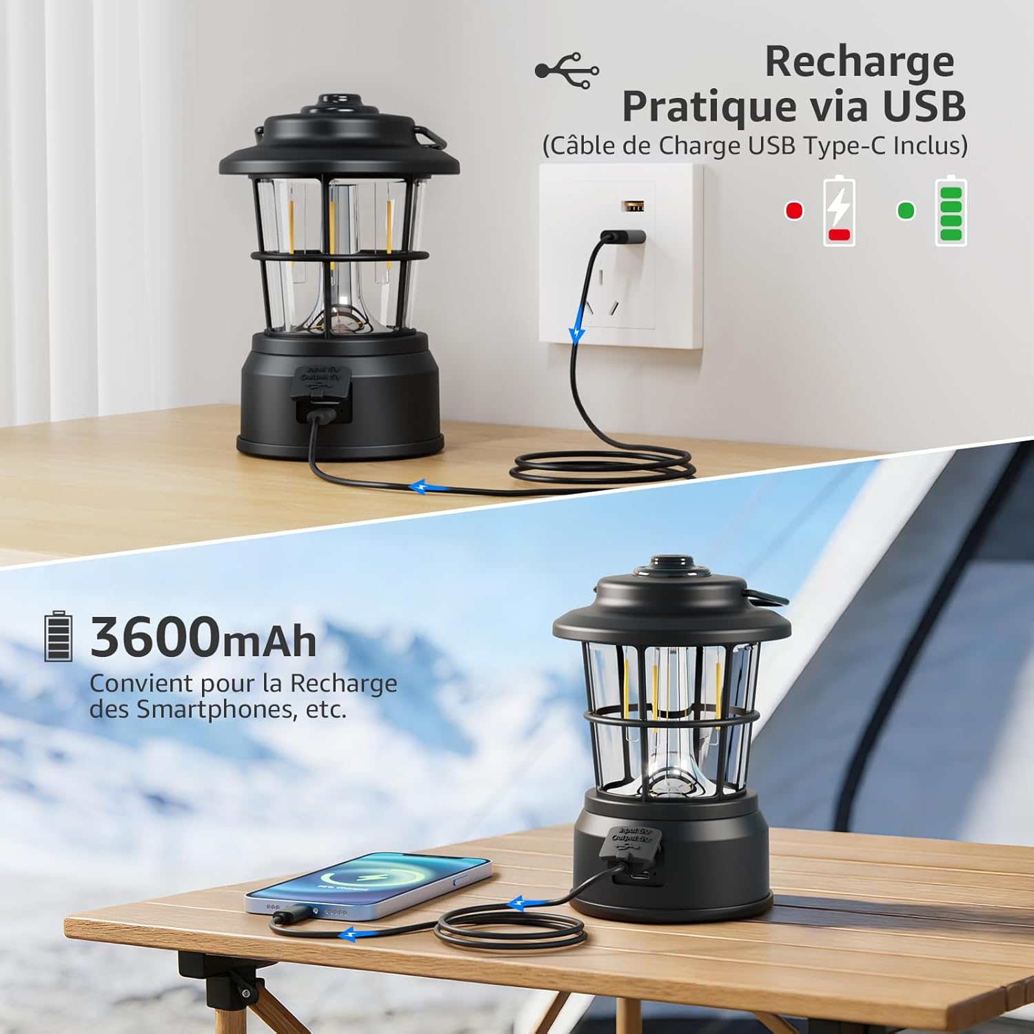 Detalle de Lepro Lampe Camping Rechargeable — 4 Modes, 3600 mAh et Power Bank, IPX4