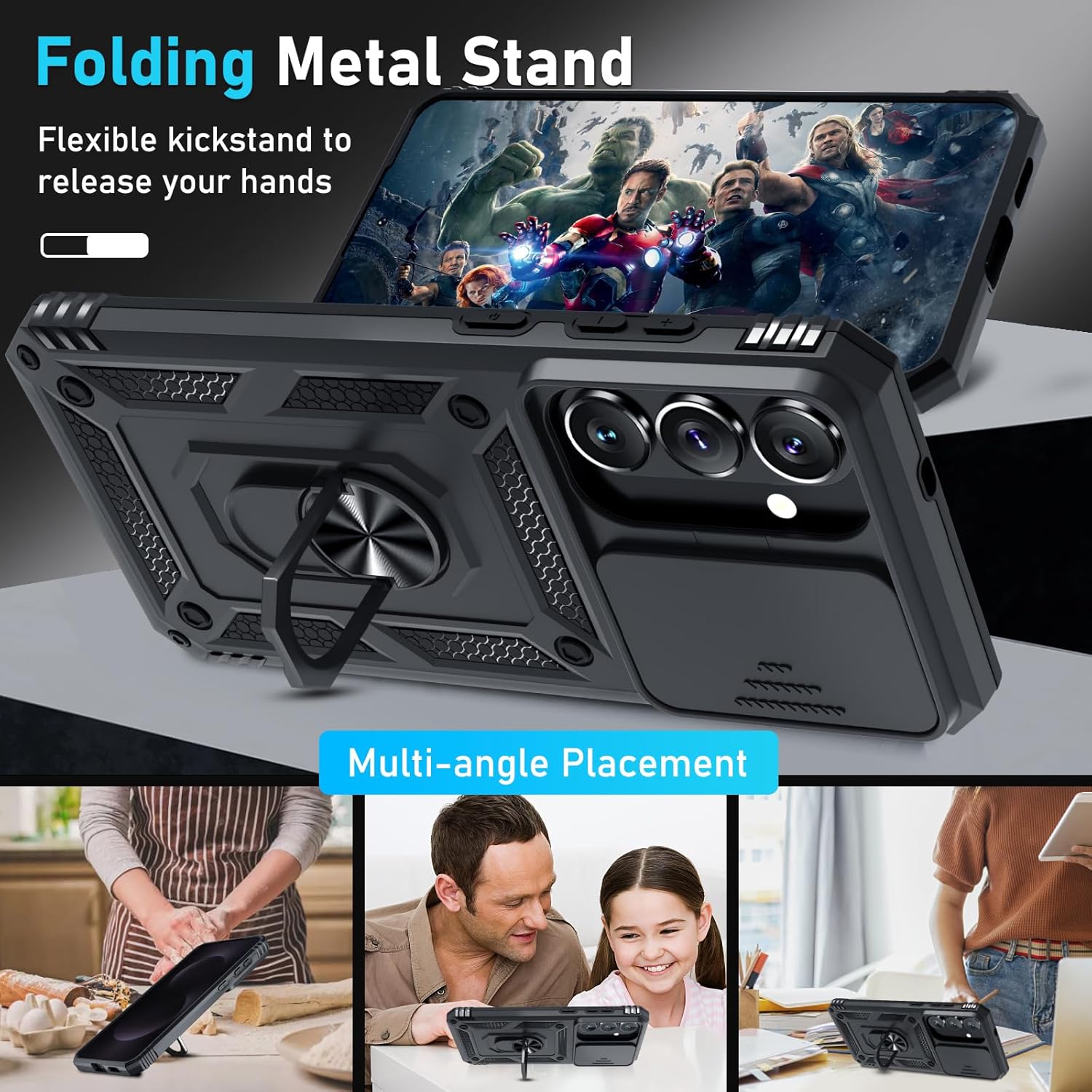 Thumbnail 1 de Janmitta Galaxy S26 Compatible Case with Slide Camera Lens Cover, Tempered Glass Screen Protector, and 360° Metal Kickstand Ring Holder (Black)