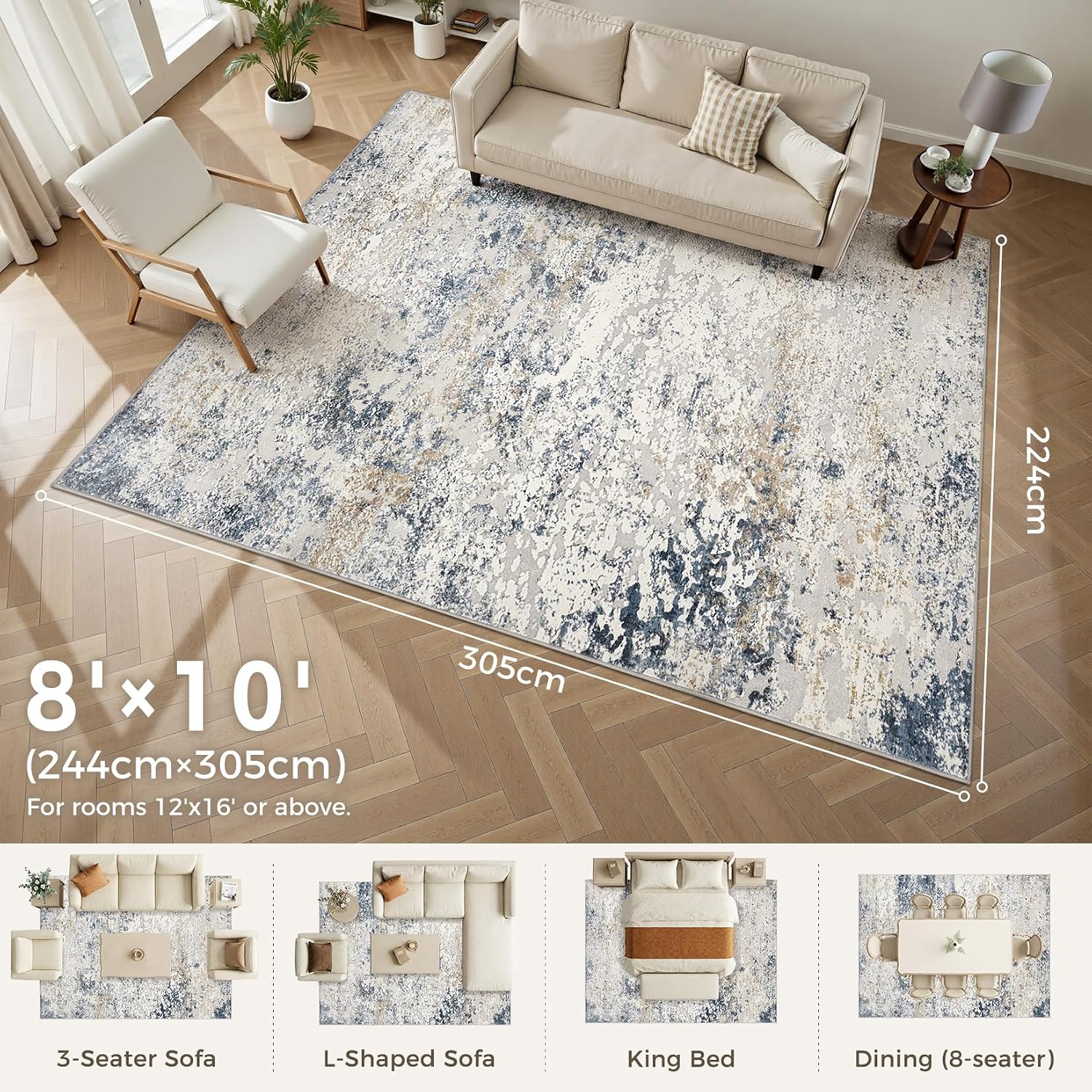 Thumbnail 1 de DMOYEST 8x10 Abstract Low Pile Area Rug (Neutral Beige Blue) — Soft, Washable Indoor Carpet