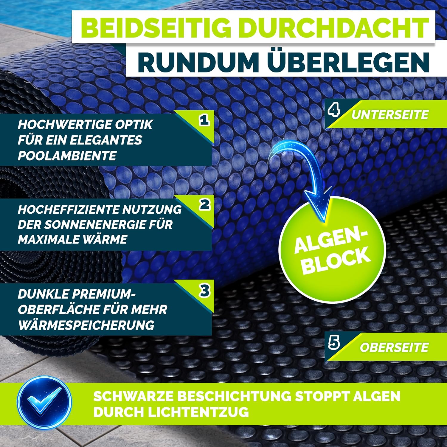 Detalle de tillvex Pool Solarabdeckplane Rund & Rechteckig – 450x220 cm, 120 µm, zuschneidbar, blau/schwarz