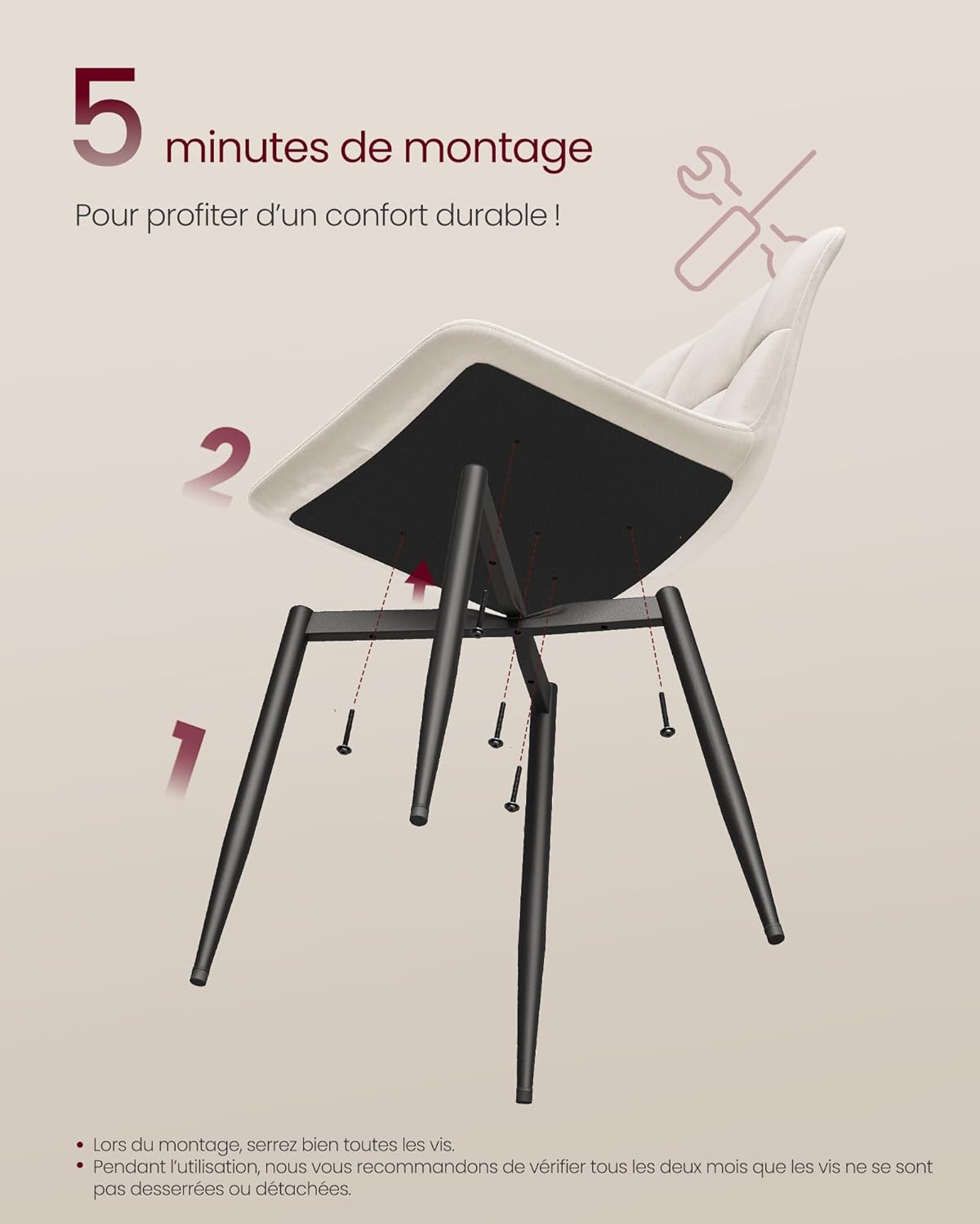 Thumbnail 6 de Lot de 4 chaises de salle à manger en velours VASAGLE KDC080LH01, beige cappuccino, dossier et assise rembourrés