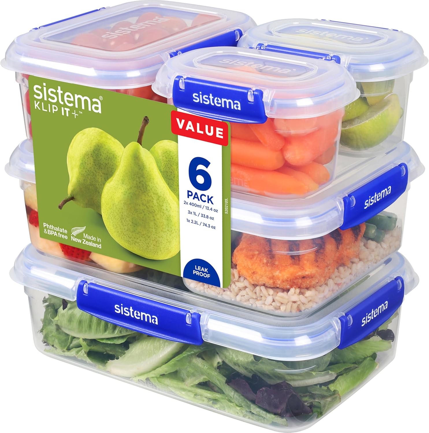 Detalle de Sistema KLIP IT PLUS contenitori per alimenti – Set 6 contenitori ermetici (2x400 ml, 3x1 L, 1x2,2 L)
