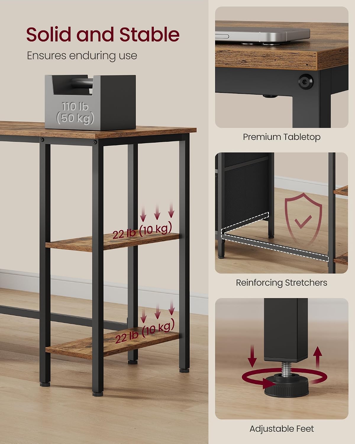 Thumbnail 5 de VASAGLE Computer Desk with Storage (LWD103KD01) – 127 x 50 x 76 cm, Rustic Brown & Matte Black