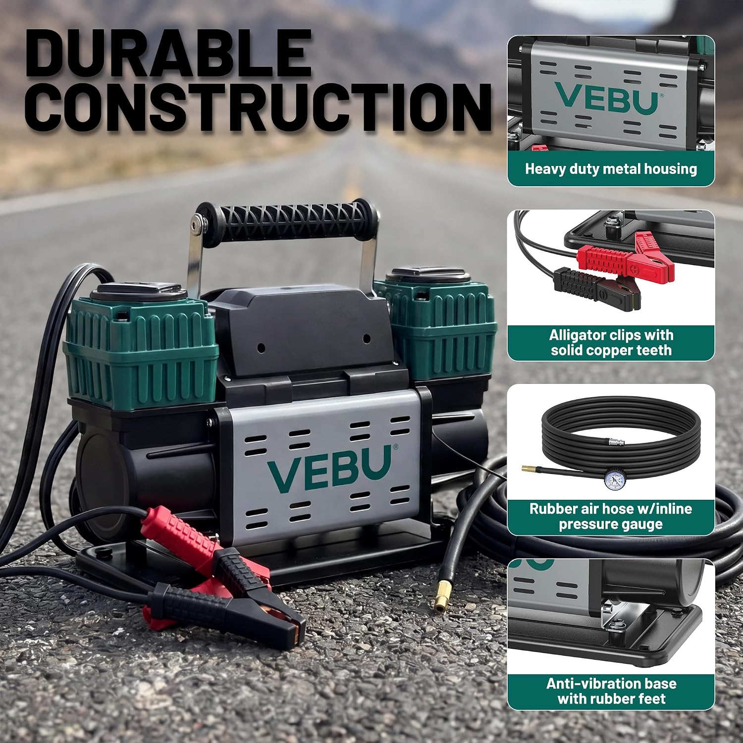 Detalle de VEBU Heavy Duty 12V Tire Inflator, Dual-Cylinder 125 PSI Compressor