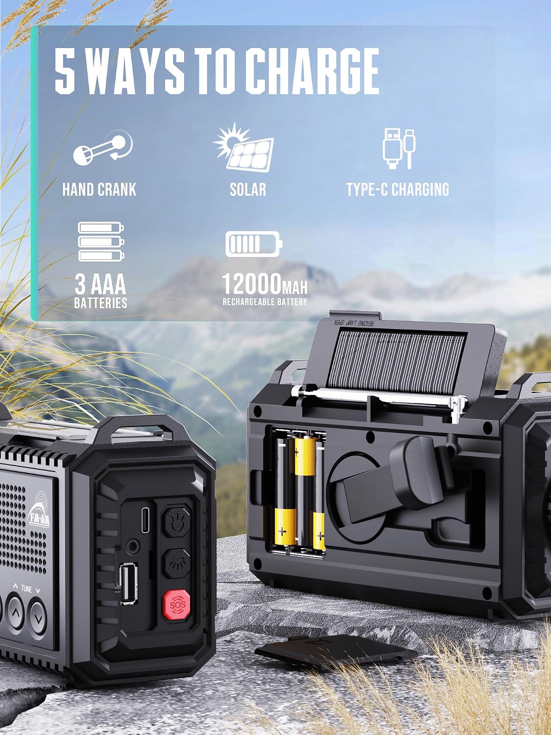 Detalle de ROCAM 1009UItra Emergency Radio, 12,000 mAh Power Bank, Solar & Crank
