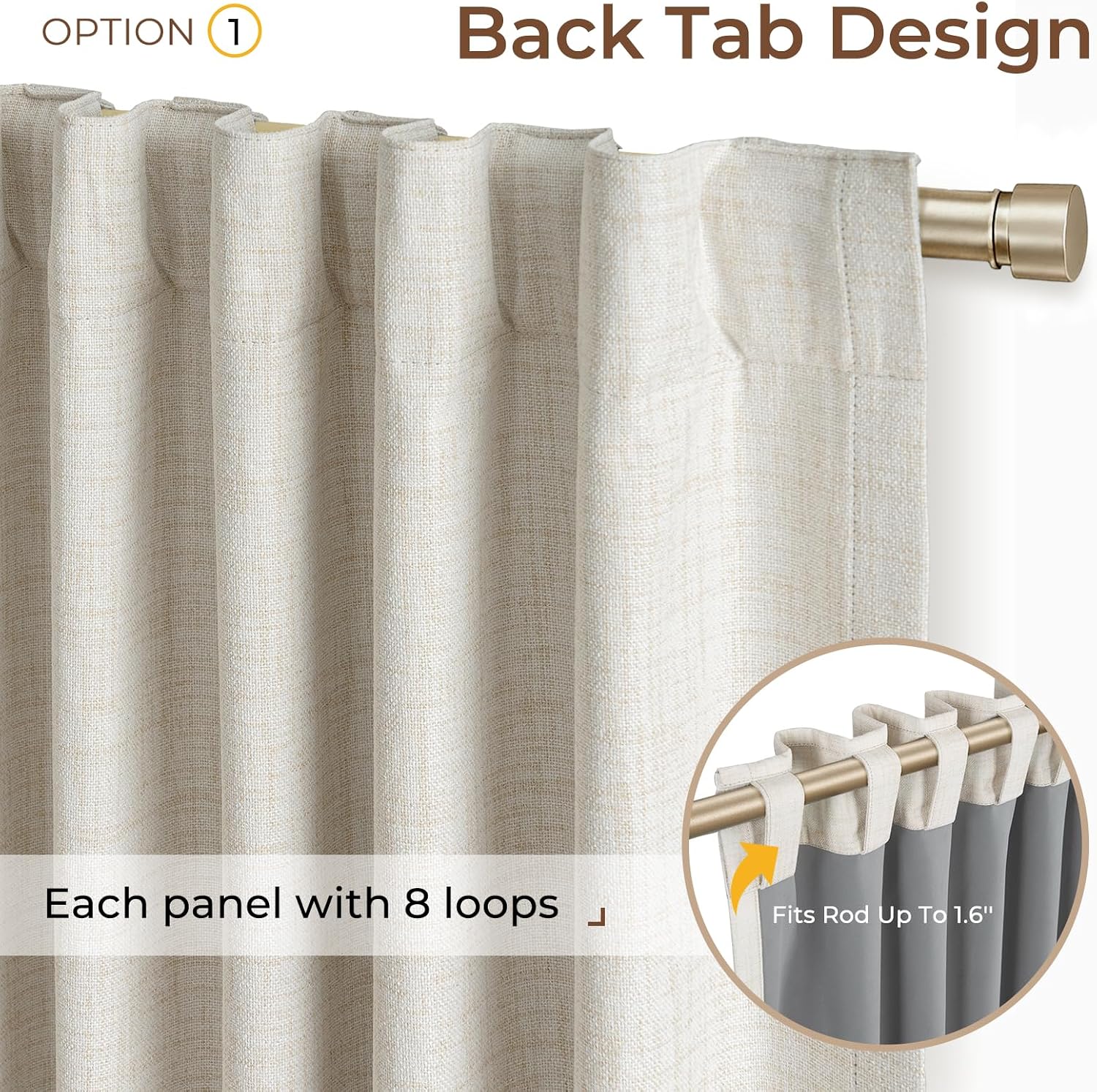 Detalle de INOVADAY 100% Blackout Curtains — 50x84 Inches, 2 Panels, Beige Linen Look with 3 Hanging Options