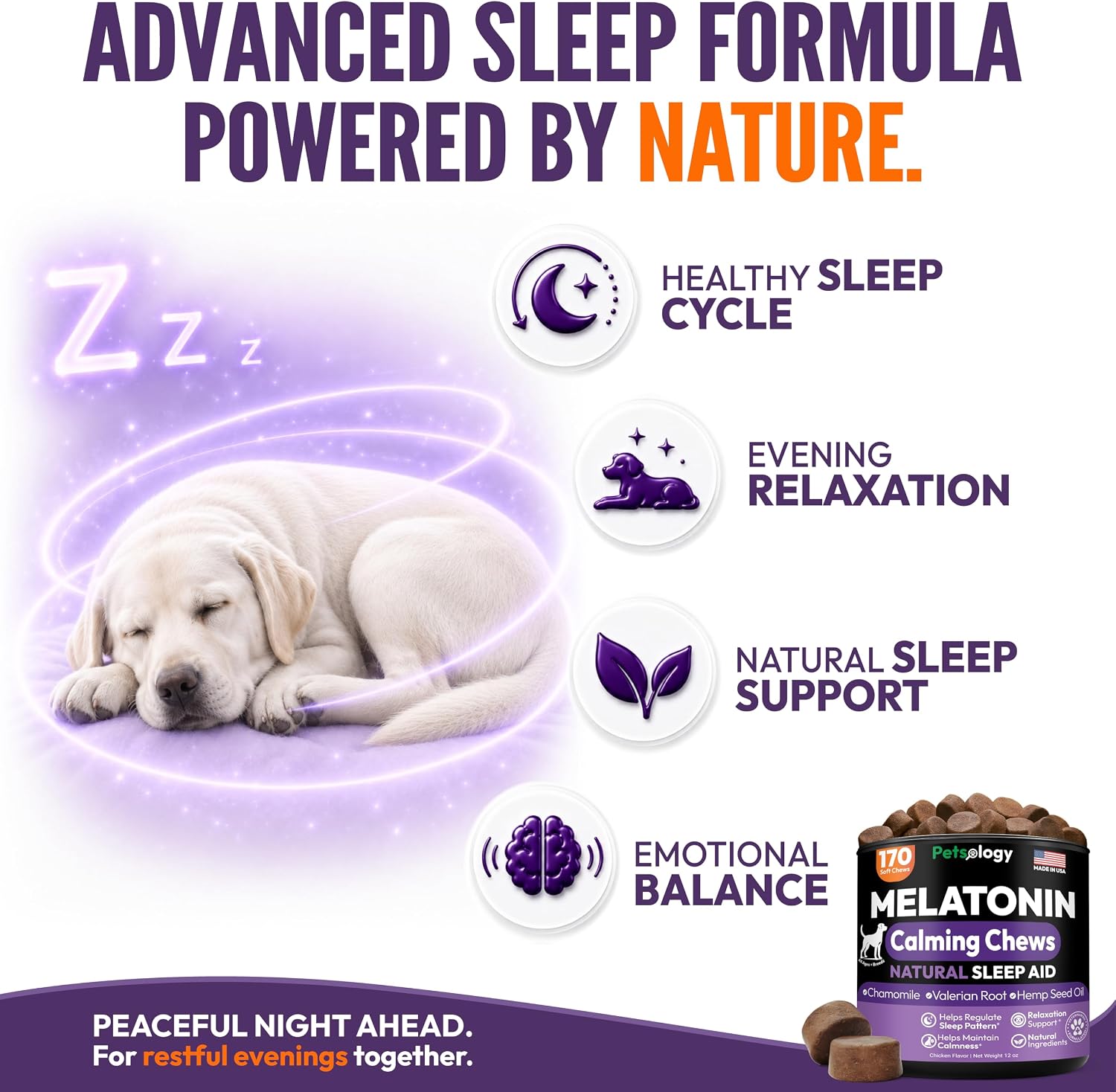 Detalle 1 de Petsology MLTND Dog Melatonin Calming Chews, 170 Chicken-Flavor Soft Chews