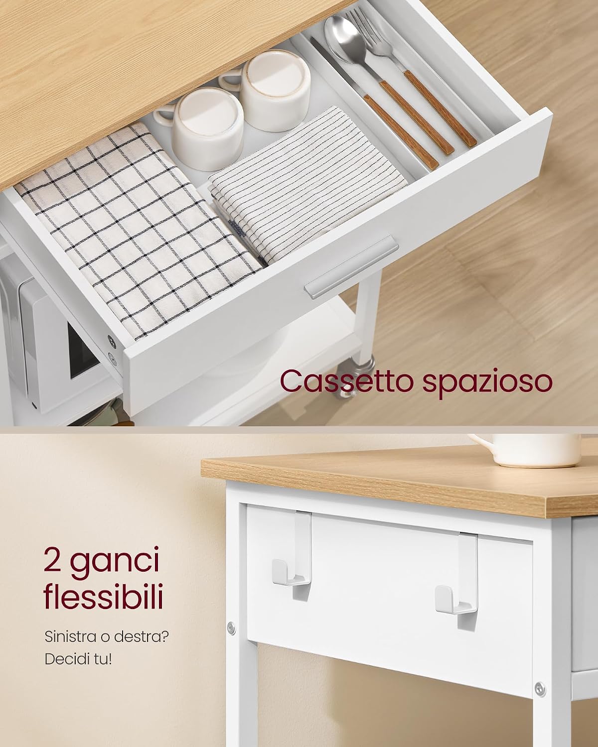 Thumbnail 4 de VASAGLE Isola da Cucina Mobile con Ruote KKI007Y01 – Rovere Beige e Bianco Opaco