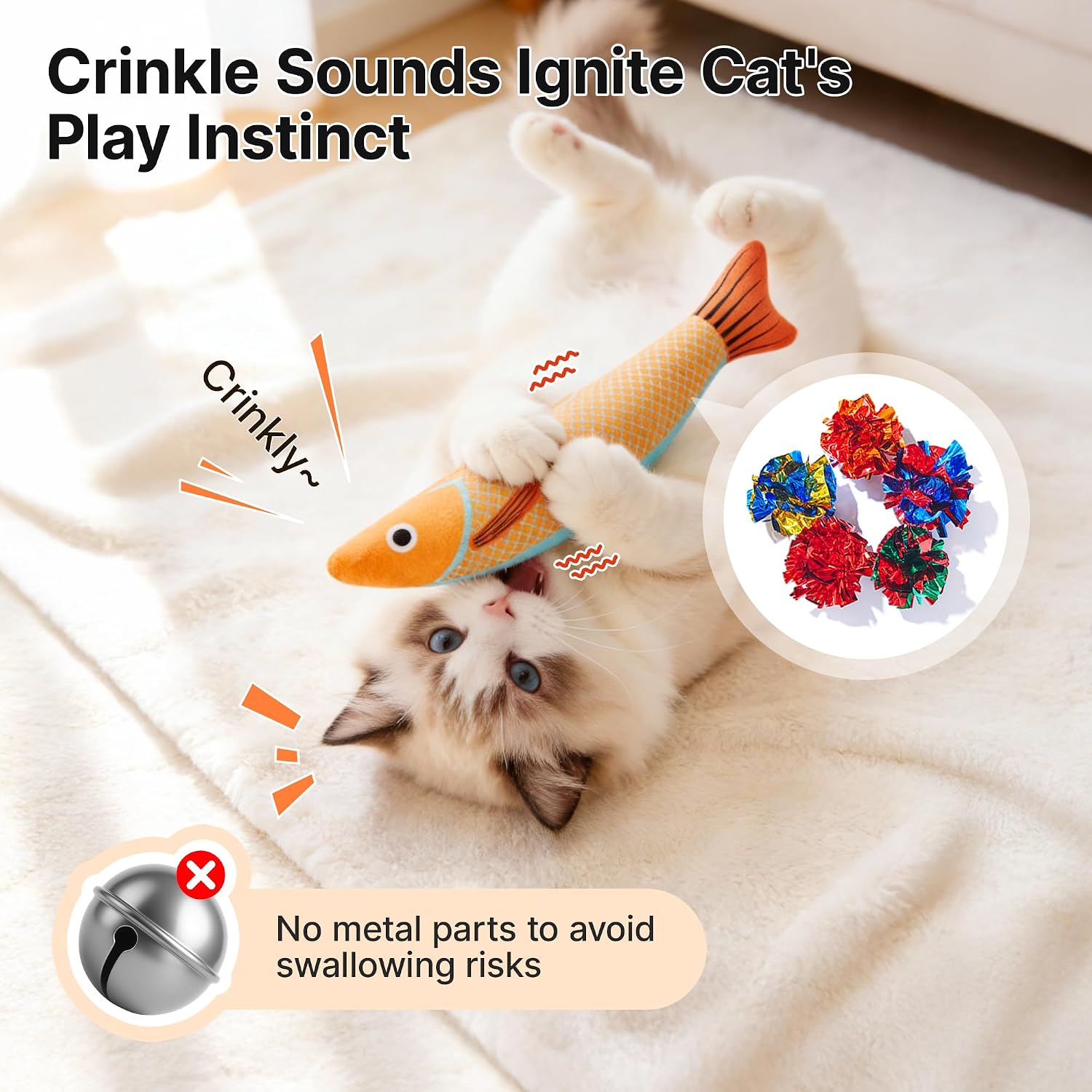 Detalle de Potaroma Cat Toys Saury Fish 3-Pack kicker toys with organic catnip crinkle sound