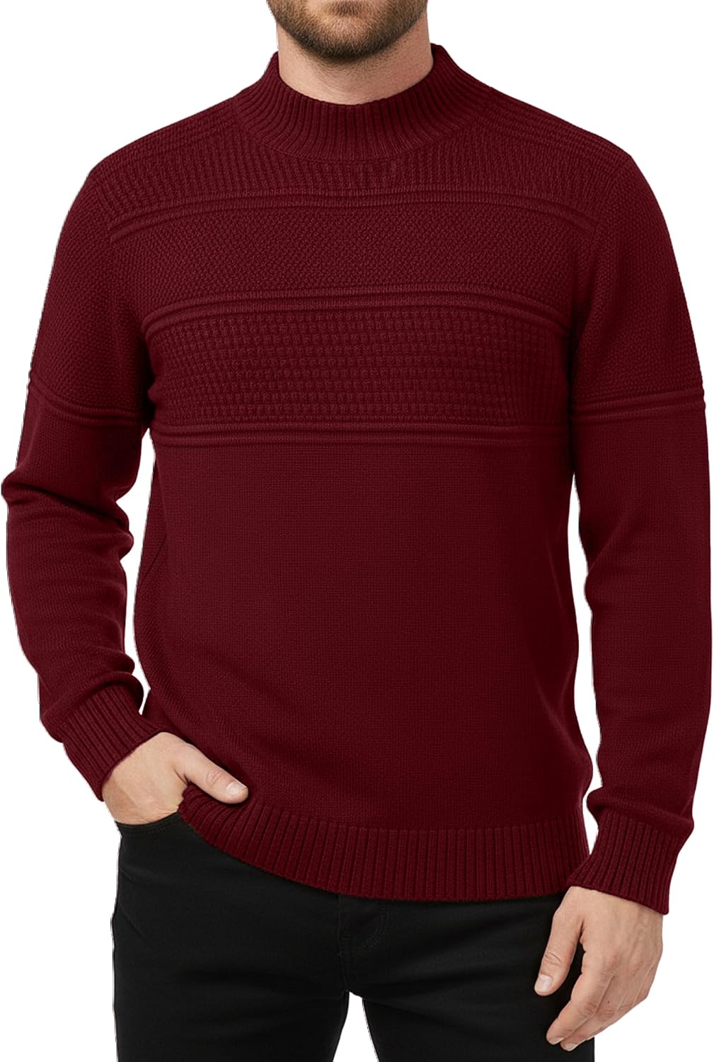 Detalle de MLANM Men's Turtle Neck Ribbed Knit Jumper – Slim Fit, Long Sleeve