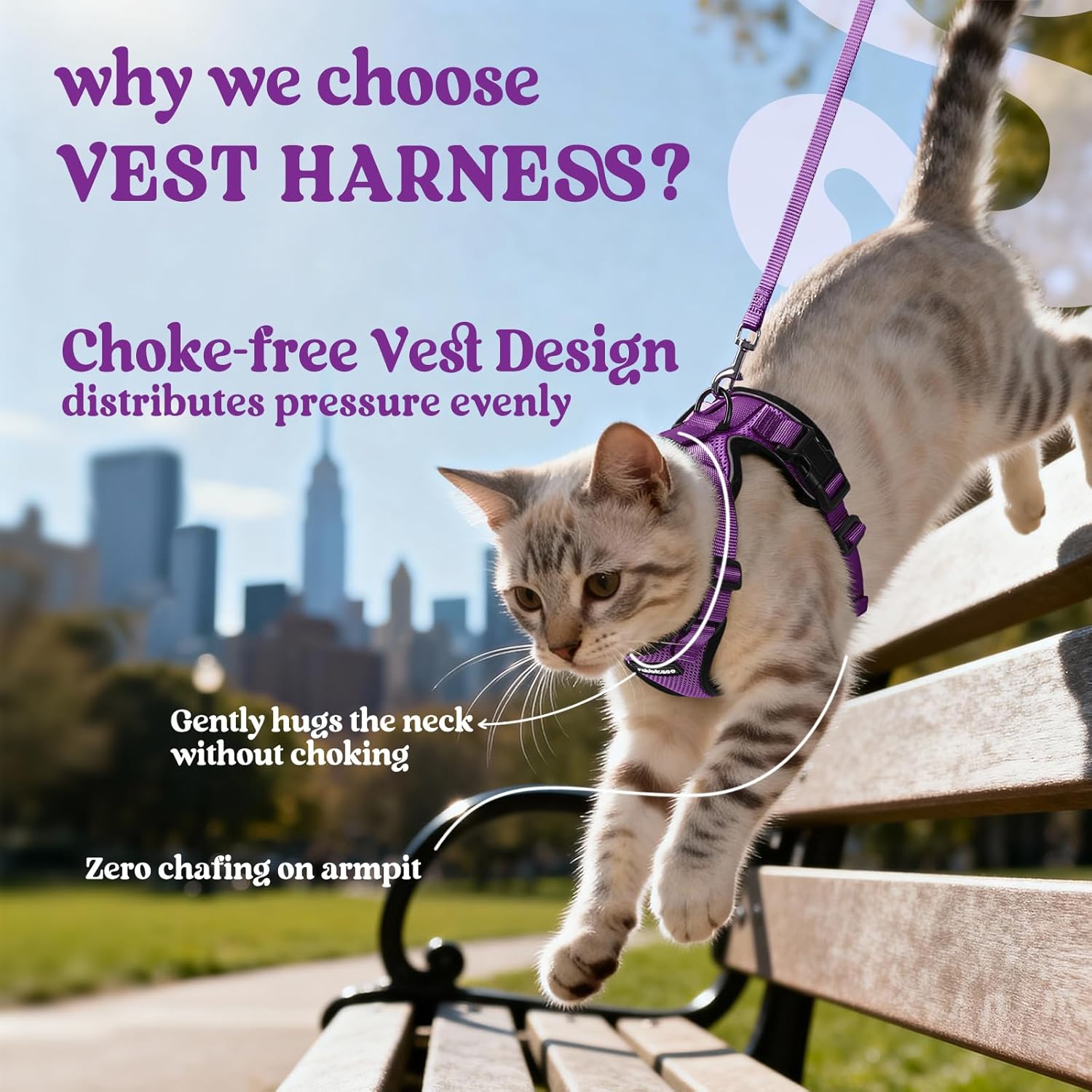 Detalle de rabbitgoo Cat Harness and Lead Set (XXS, Purple) – Escape-Proof and Reflective for Kittens and Small Cats
