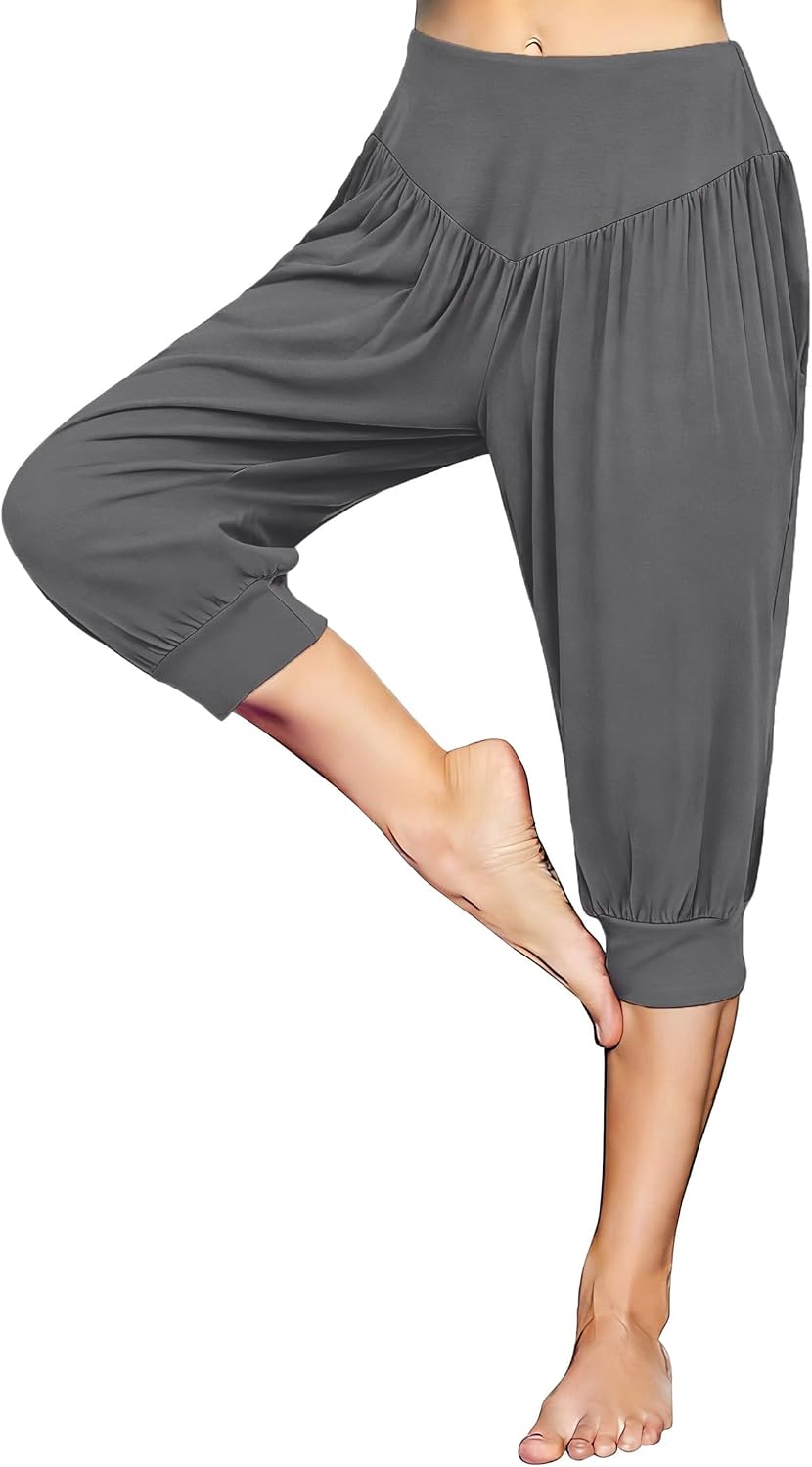 Detalle de Terecey pantalon sarouel femme taille haute ample (3/4), léger pour yoga, pilates, fitness et danse