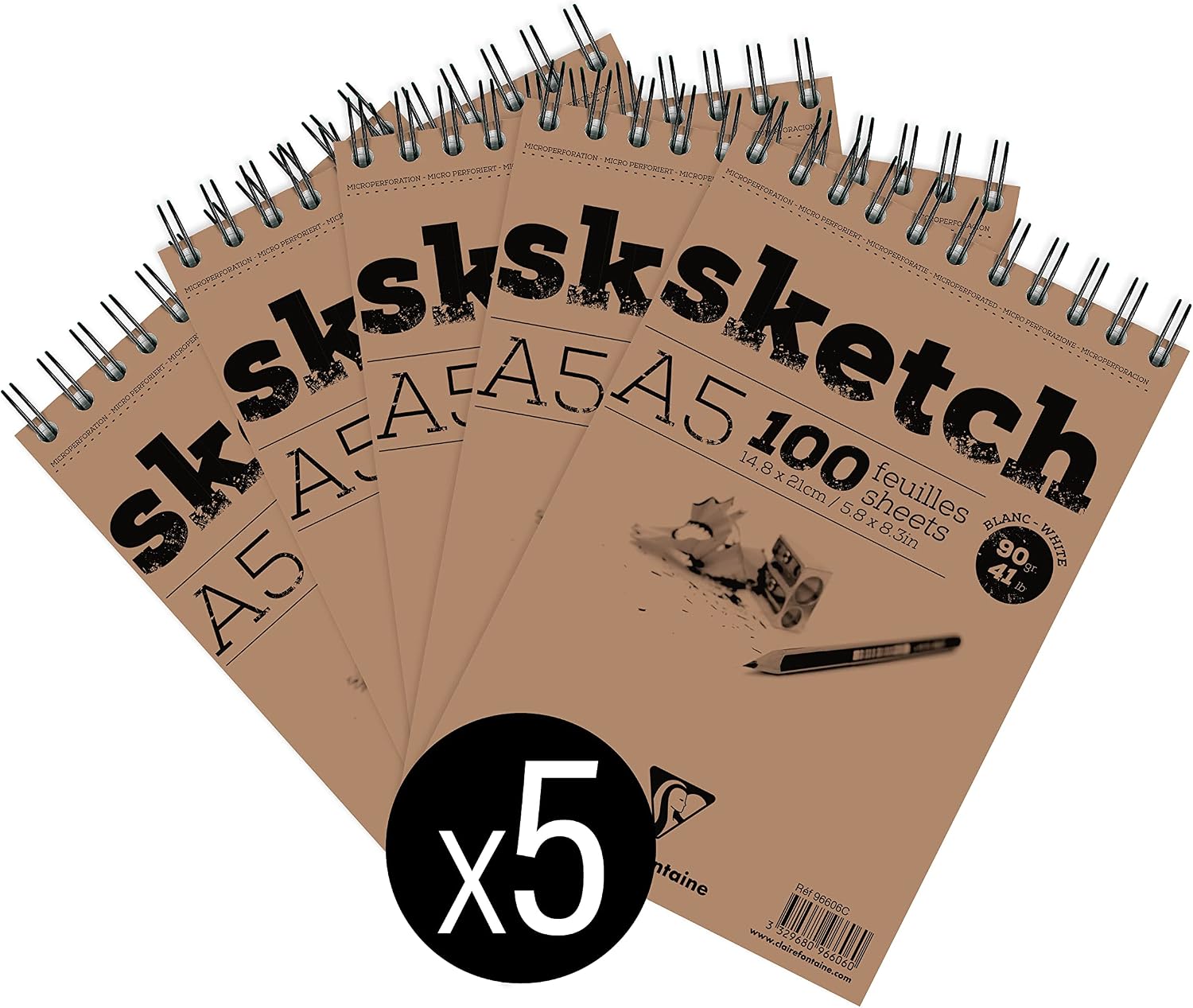 Detalle de Clairefontaine 96606Cpack – Bloc Spiralé Papier Sketch A5 (90 g), 5 blocs de 100 feuilles chacun