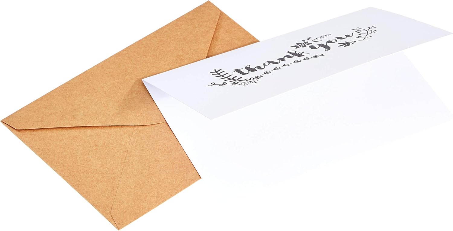 Detalle de Amazon Basics Dankeschön, 48 Karten und Umschläge – Mattschwarz/Weiß/Braun