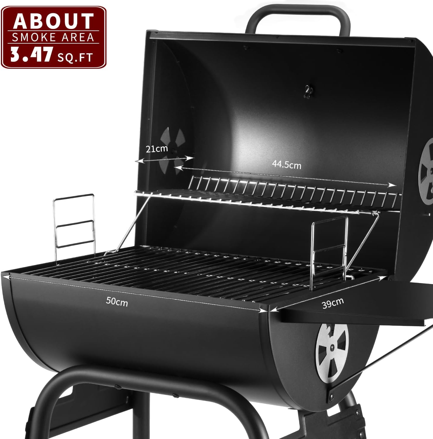 Detalle de Holzkohlegrill-Kesselwagen mit Deckel – großer Fass-Grill, Thermometer, Grillrost & Warmhaltegitter