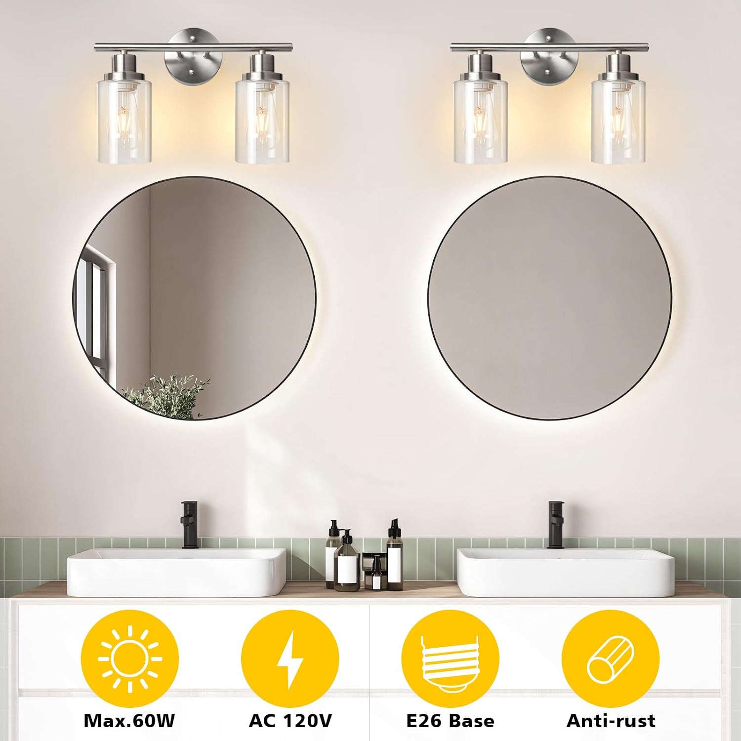 Detalle 1 de Unicozin RJ-WR02 2-Light Vanity Sconce, Brushed Nickel, Clear Glass, E26