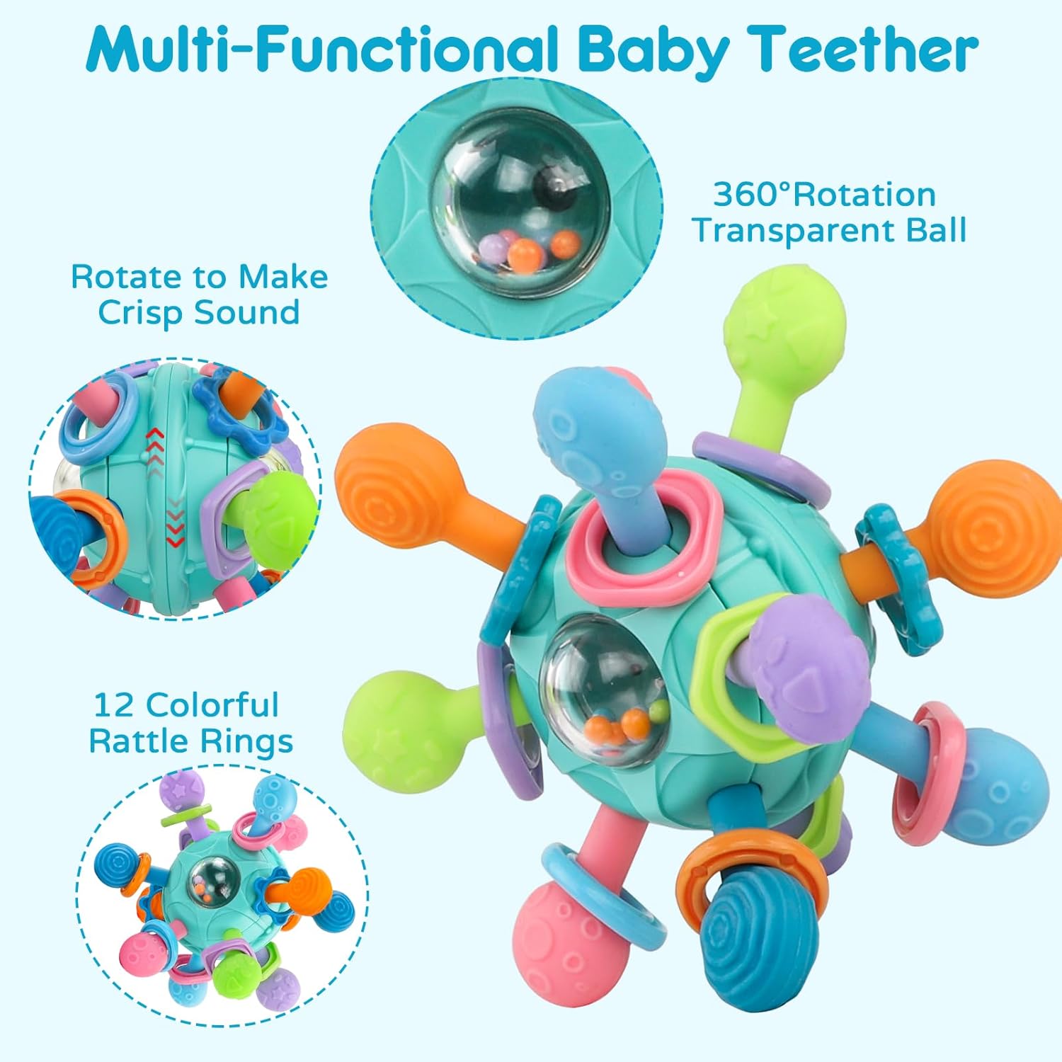 Thumbnail 3 de Baby Toys 0-6 Months Sensory Montessori Toys: Rattle, Teether and Grab Spin in Blue