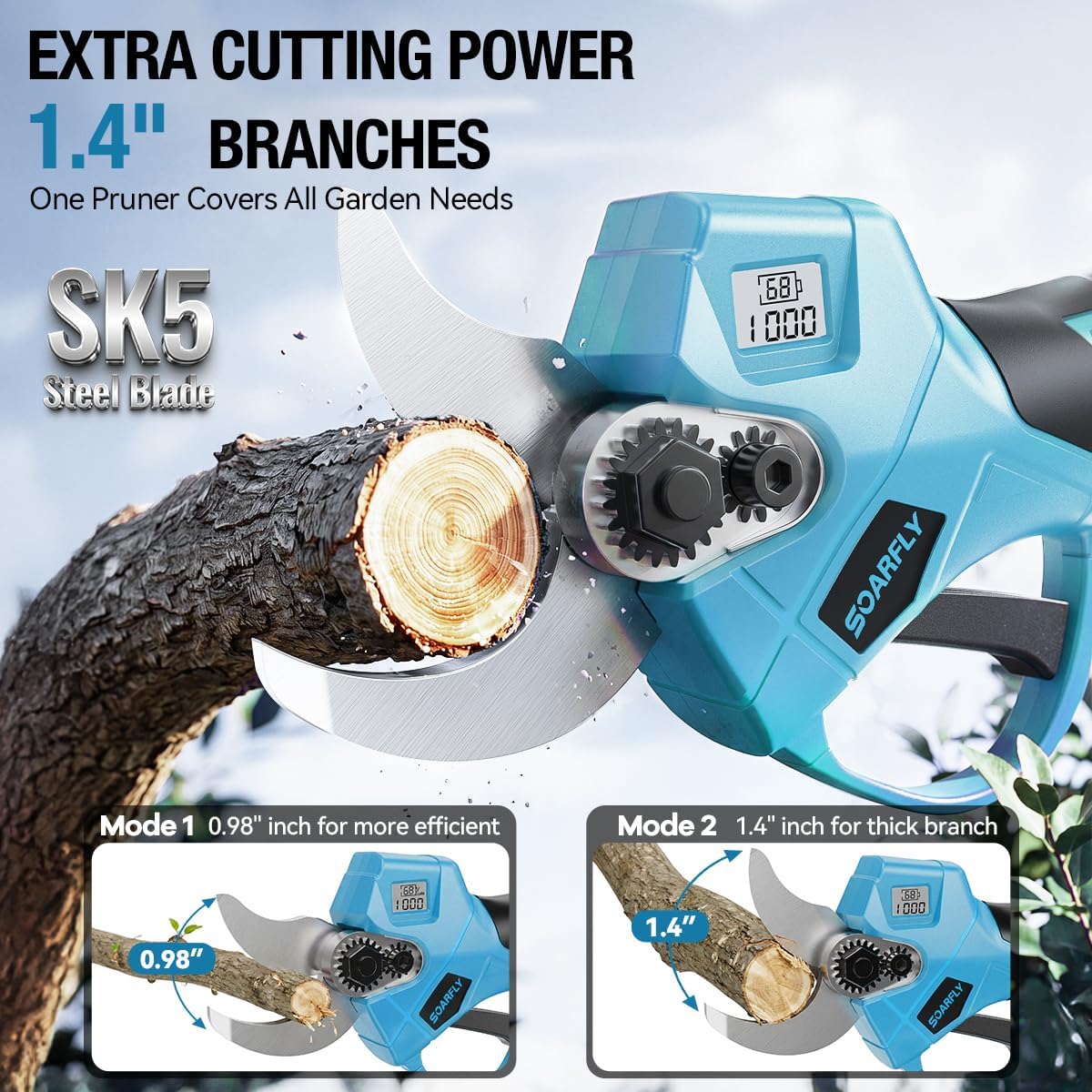 Detalle de SOARFLY Electric Secateurs Cordless 21V with 2 x 2000mAh Batteries