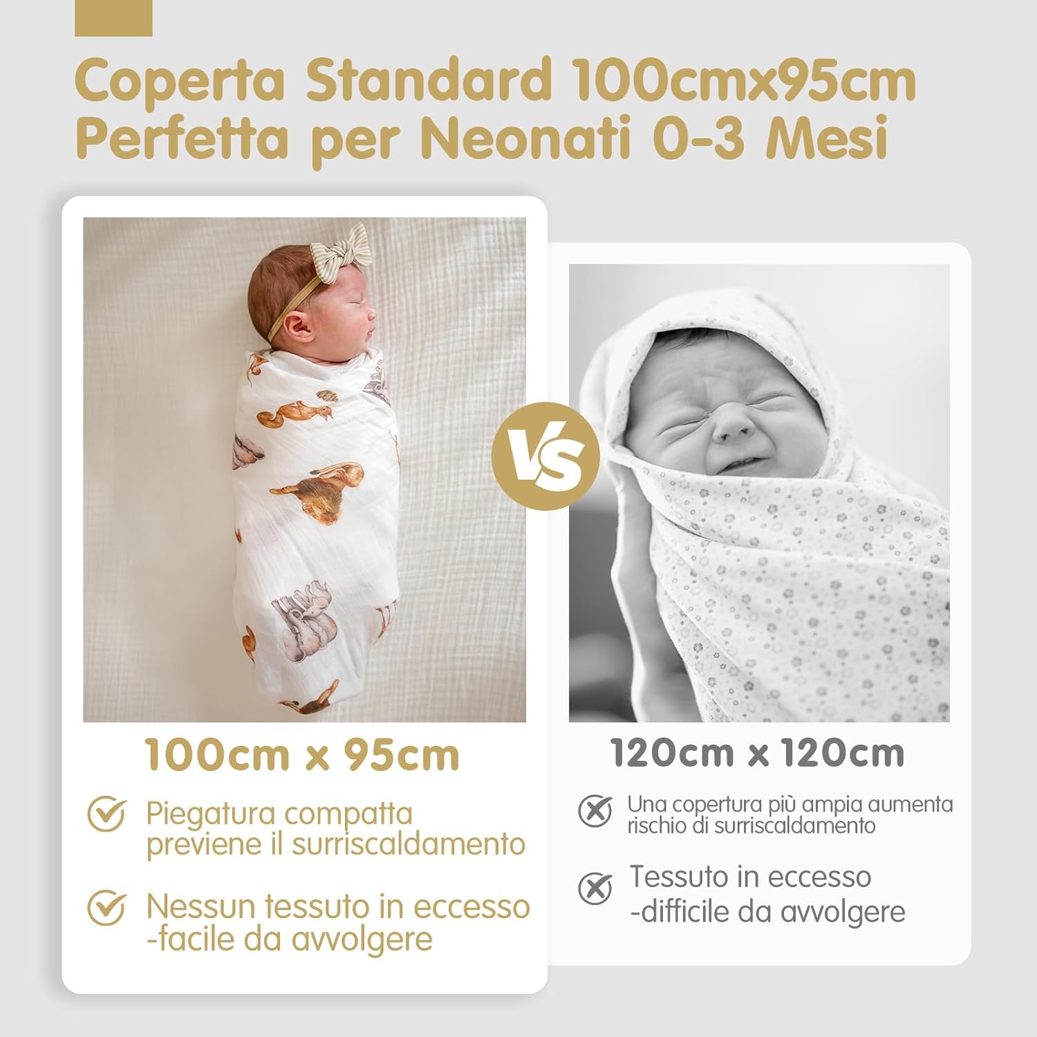 Thumbnail 3 de Hahaland Mussole Neonato in cotone bambù 100% naturale – set copertine swaddle (120x120 e 100x95 cm)