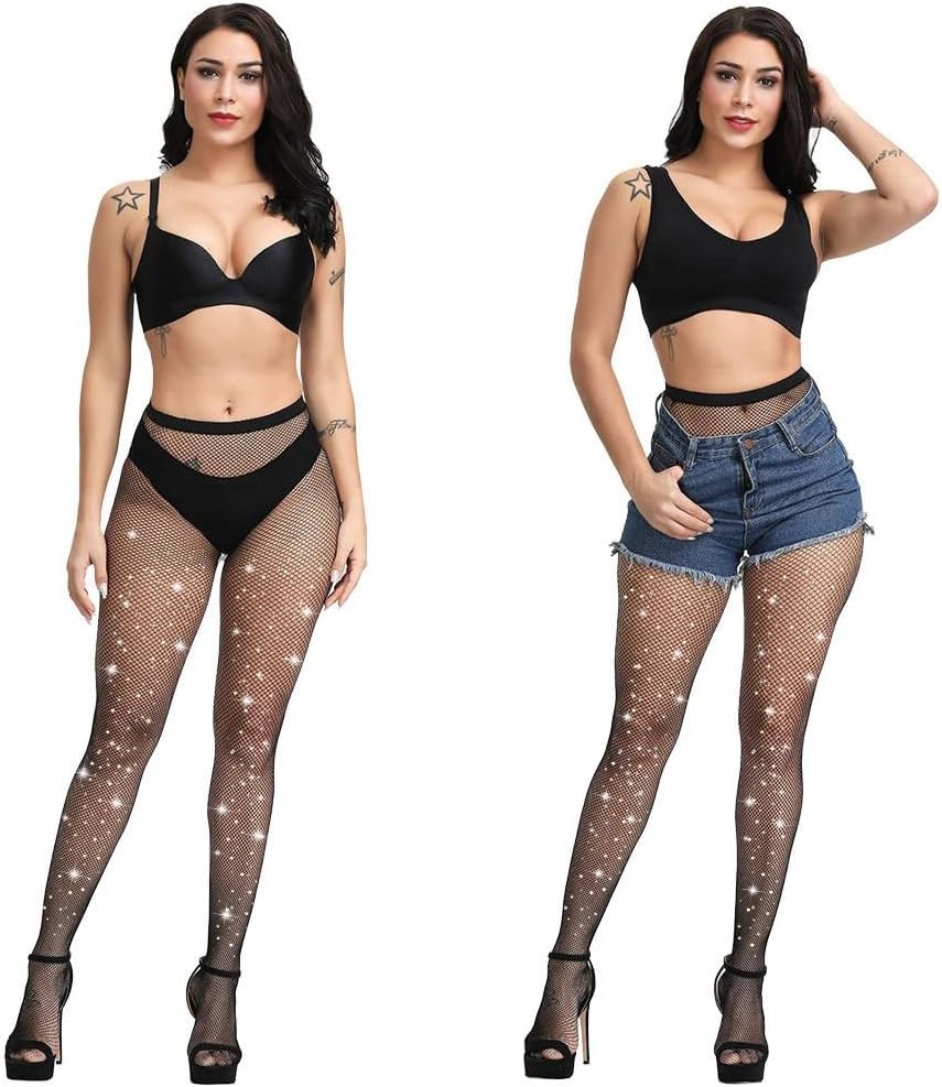 Detalle 2 de Aomig damesvisnetpanty met gekleurde strass, hoge taille, acryl, 2-pack