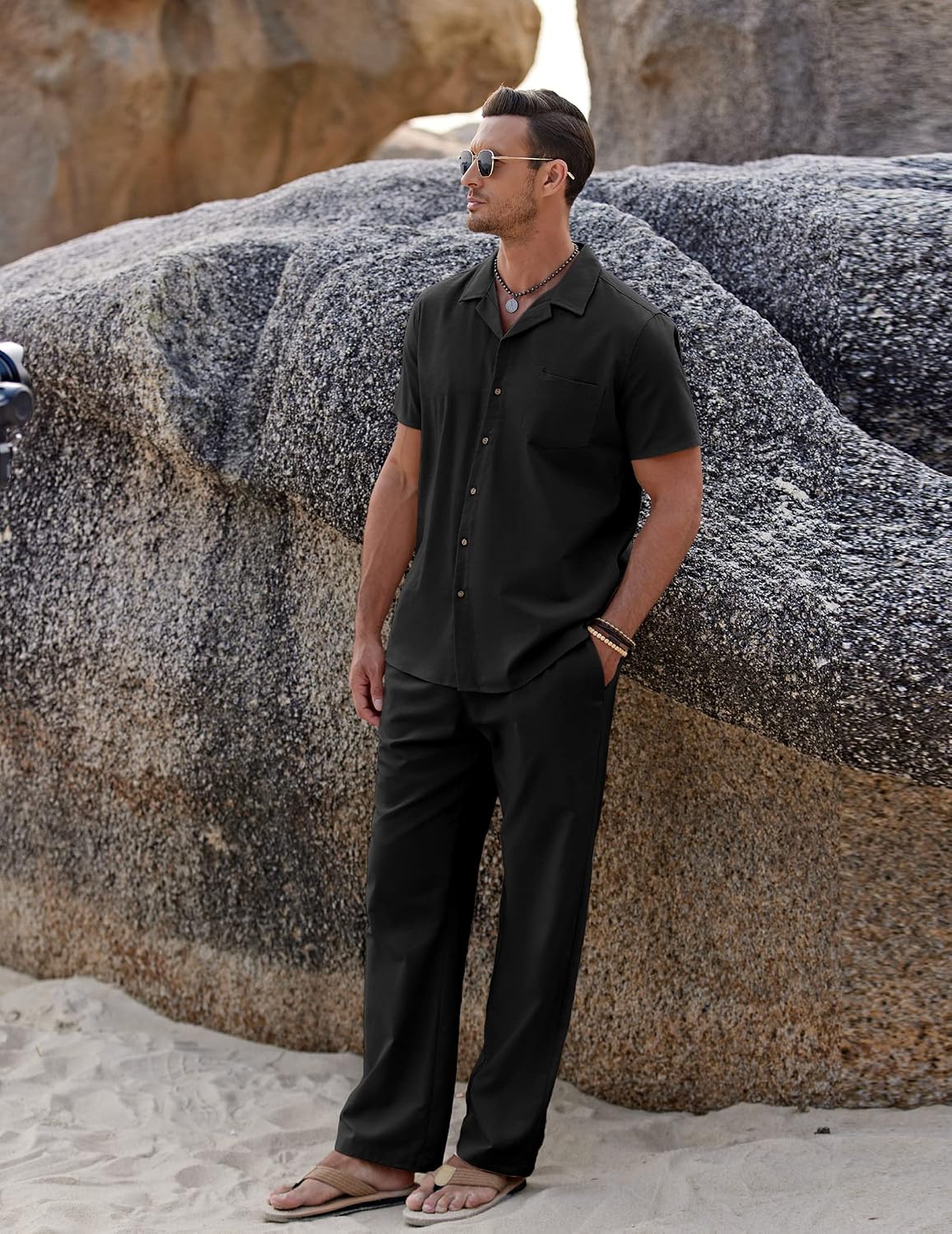 Detalle de COOFANDY Men Linen 2-Piece Beach Outfit Set (Camp Collar Button-Down Shirt + Loose Pants)