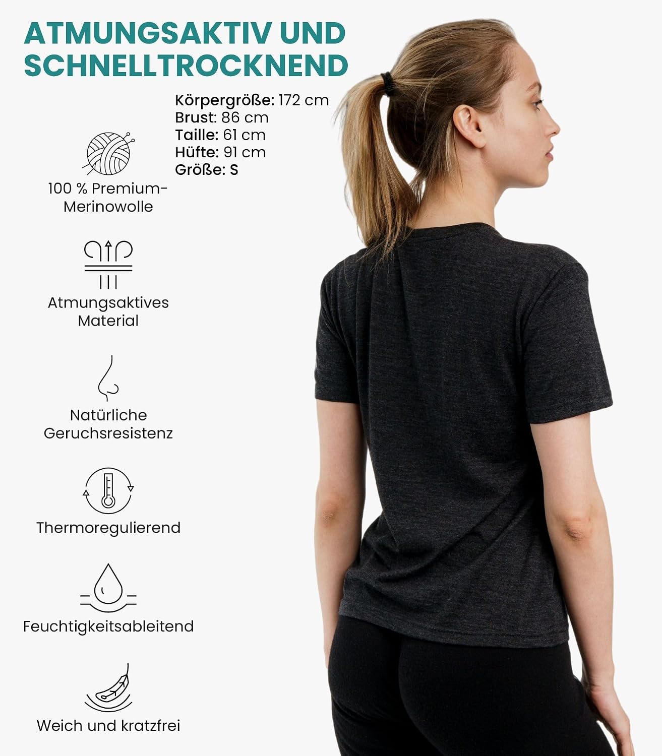 Detalle de Merino.tech 100% Merino T Shirt Damen – Ultraleichtes Merino-Shirt für Wanderungen und Alltag