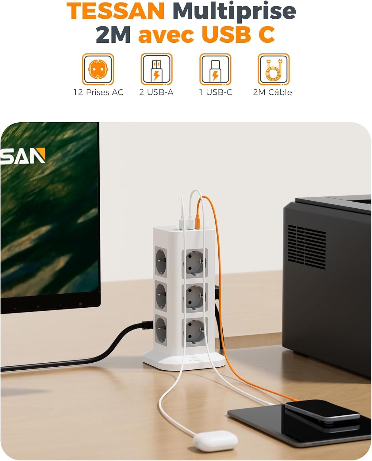 Detalle 2 de TESSAN TPS04-DE-C stekkerdoos met overspanningsbeveiliging, 12 stopcontacten en 3 USB-poorten