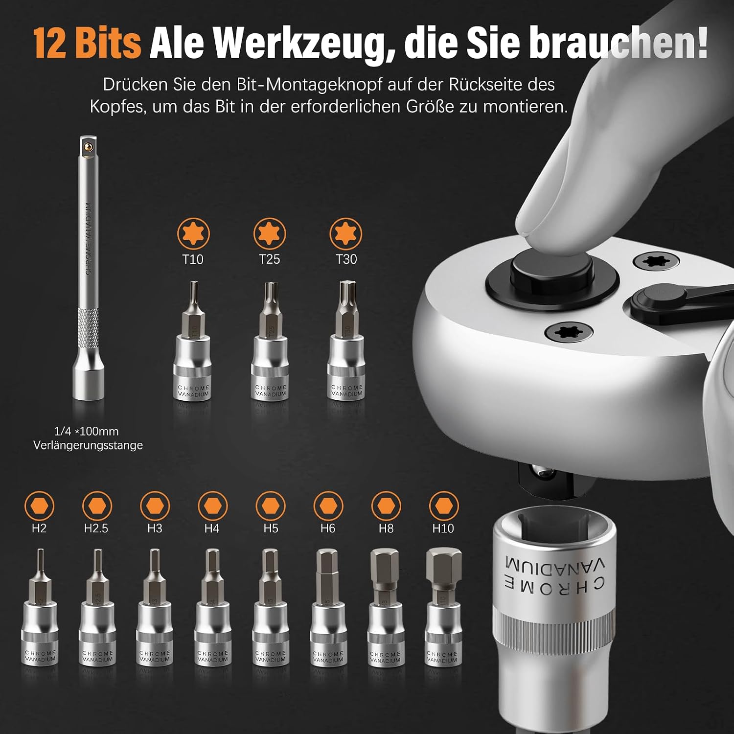 Thumbnail 6 de 13TLG Klein Drehmomentschlüssel Fahrradset 3–25 Nm, 1/4 Zoll mit 72-Zähne Ratsche und Verlängerung 10 cm