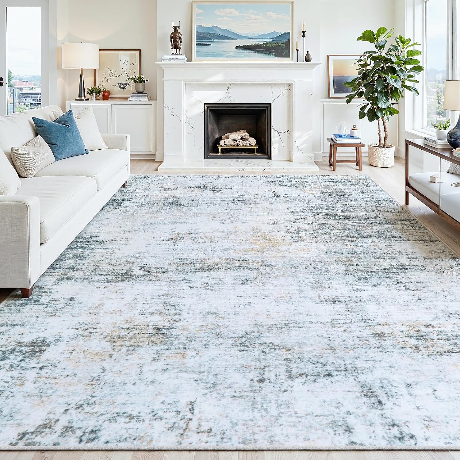 Detalle de Crority 10' x 12' Washable Area Rug, Low-Pile Abstract Blue-Gray Design