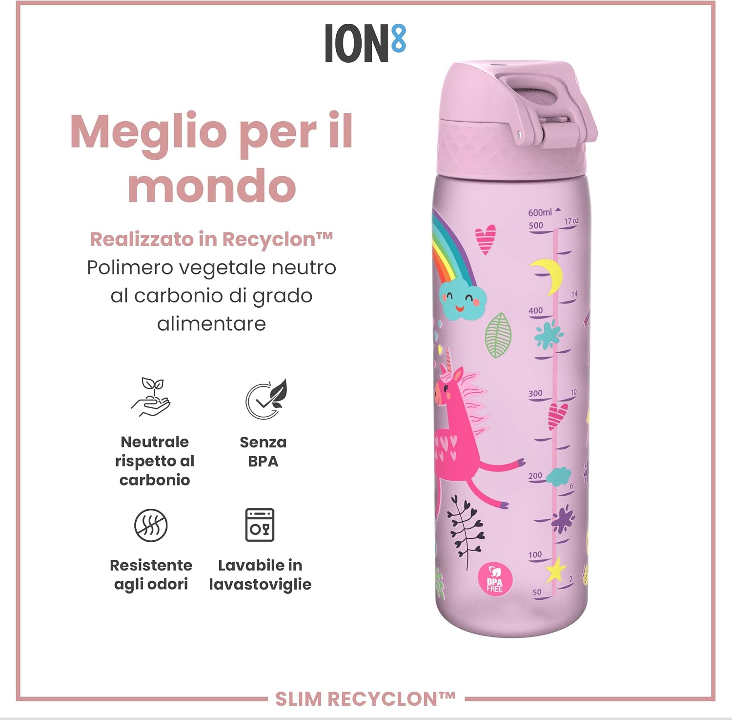 Detalle de Ion8 Borraccia a Prova di Perdite 500ml - Unicorni Lilas, Facile da Aprire, Lavabile in Lavastoviglie