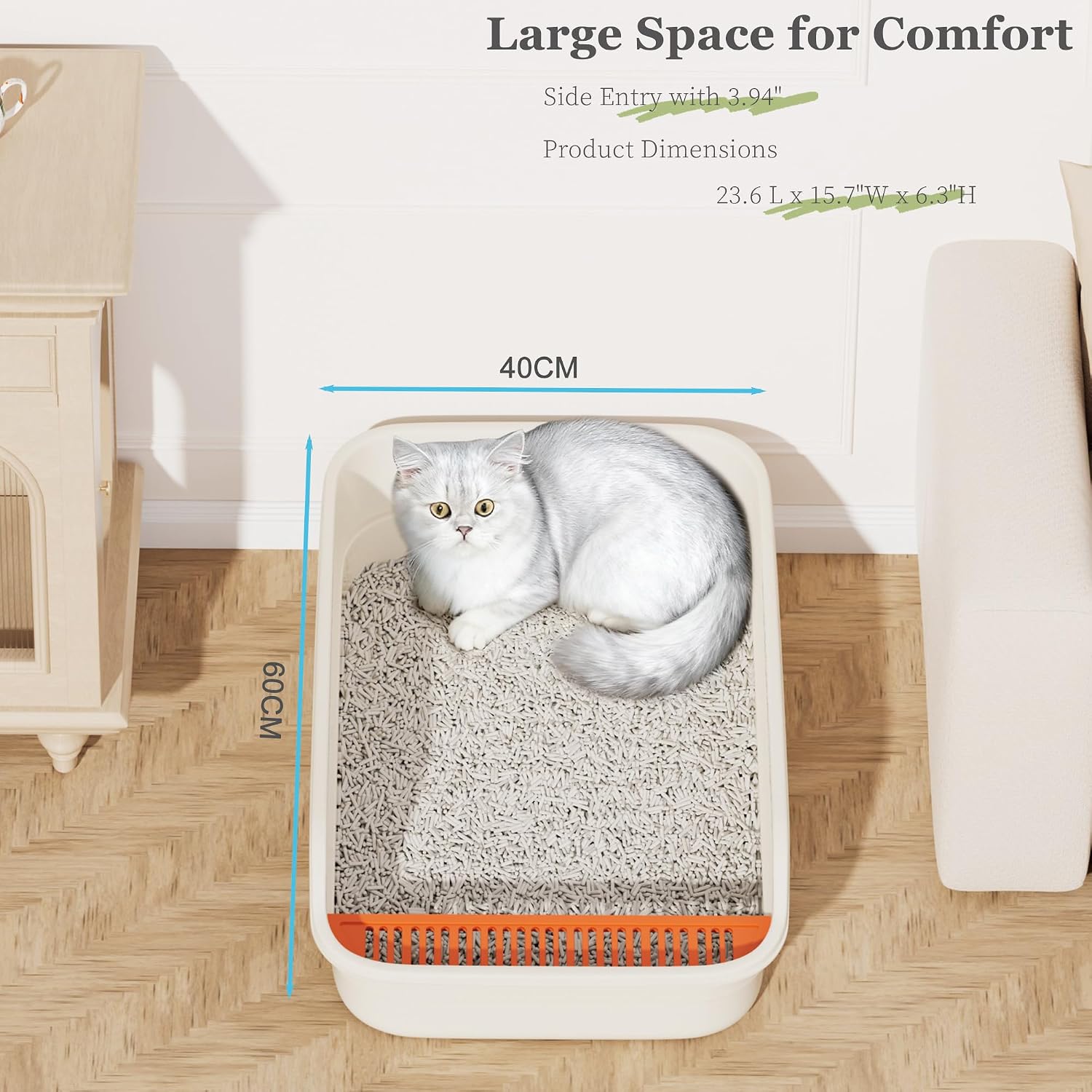 Detalle de Vealind Large Cat Litter Tray with High Sides and Low Entry (60 x 40 x 16 cm) – Beige