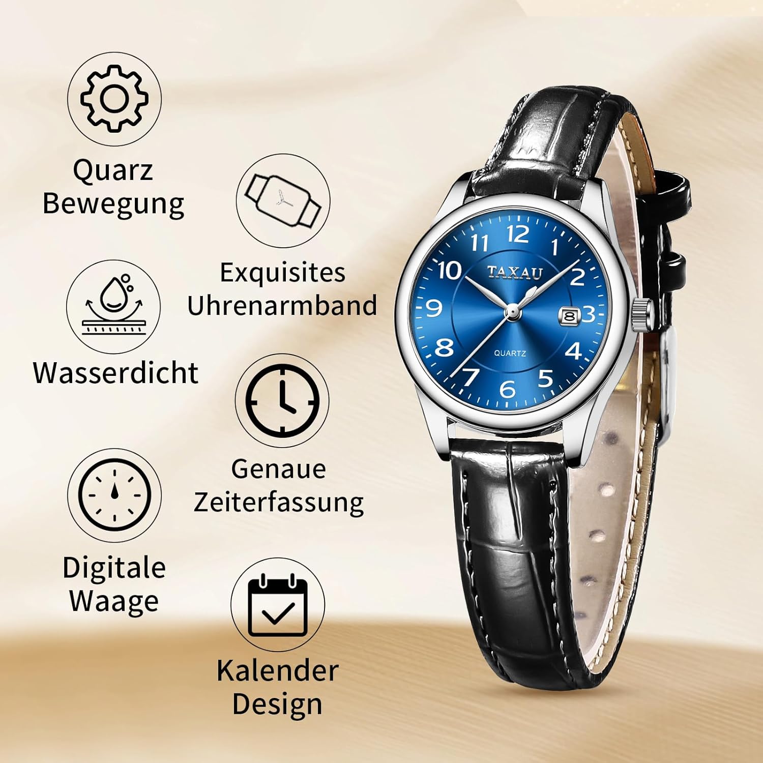 Thumbnail 5 de Taxau Damenuhr mit analogem Quarzwerk, Lederarmband und Datumsanzeige
