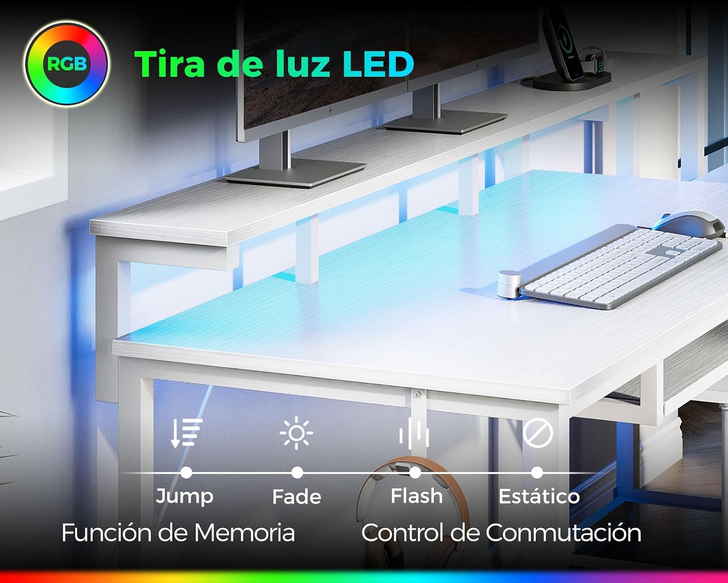 Thumbnail 6 de Coleshome B01170301004 computerbureau 140 × 48 cm met ledverlichting en lades