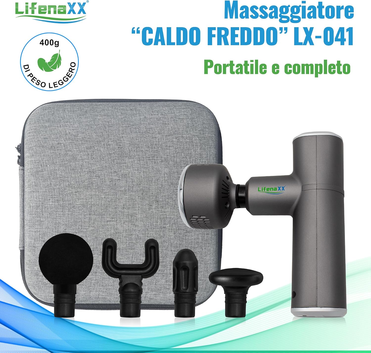 Detalle de LX-041: Pistola per massaggi Lifenaxx – calore, freddo e massaggio profondo con 5 testine
