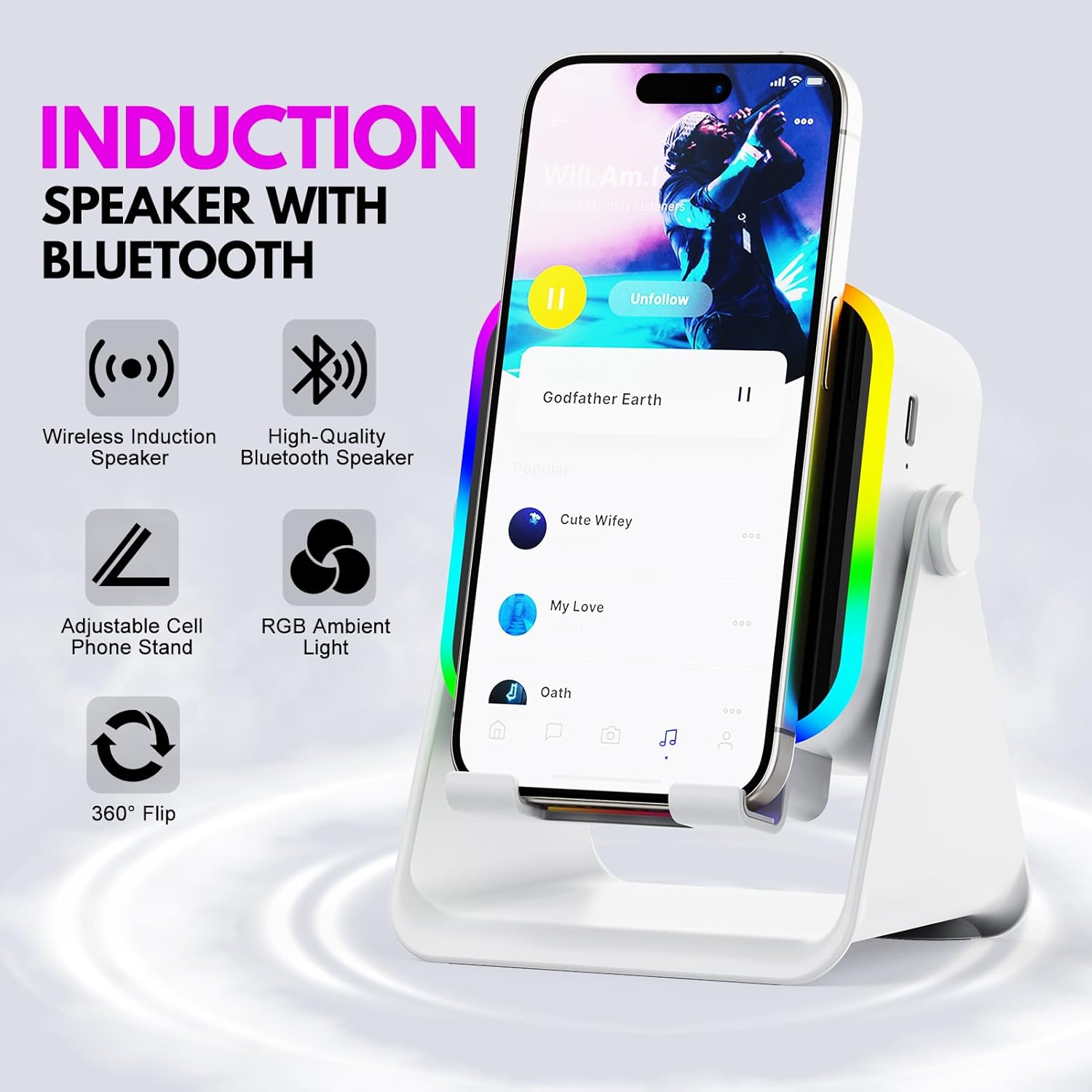 Thumbnail 1 de Wireless Induction Audio Bluetooth Speaker: 4-in-1 Design (Square - White)